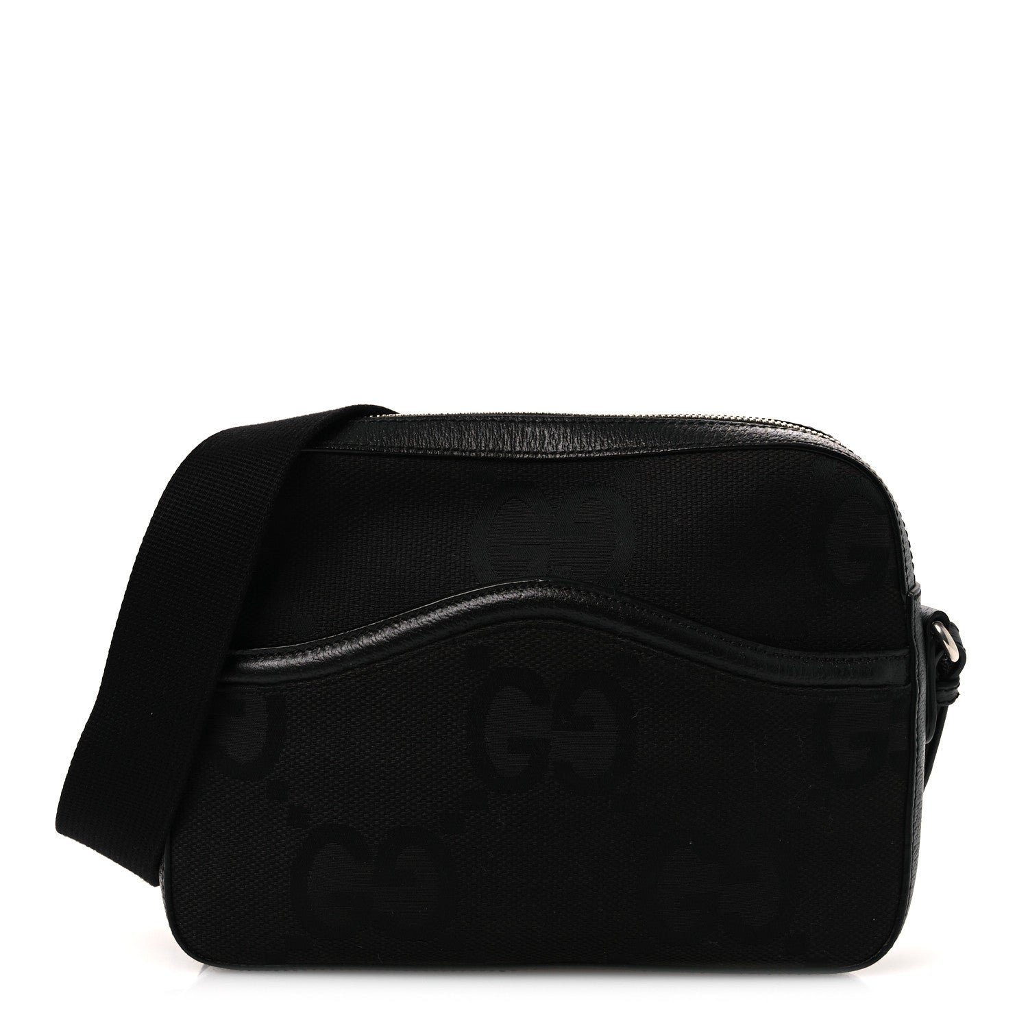 Gucci Monogram Jumbo GG Textured Dollar Calfskin Web Messenger Shoulder Bag Black