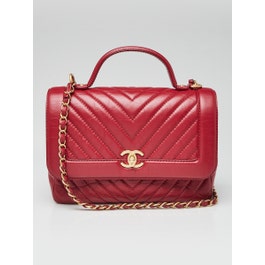 Chanel Red Chevron Quilted Leather Top Handle Flap Bag