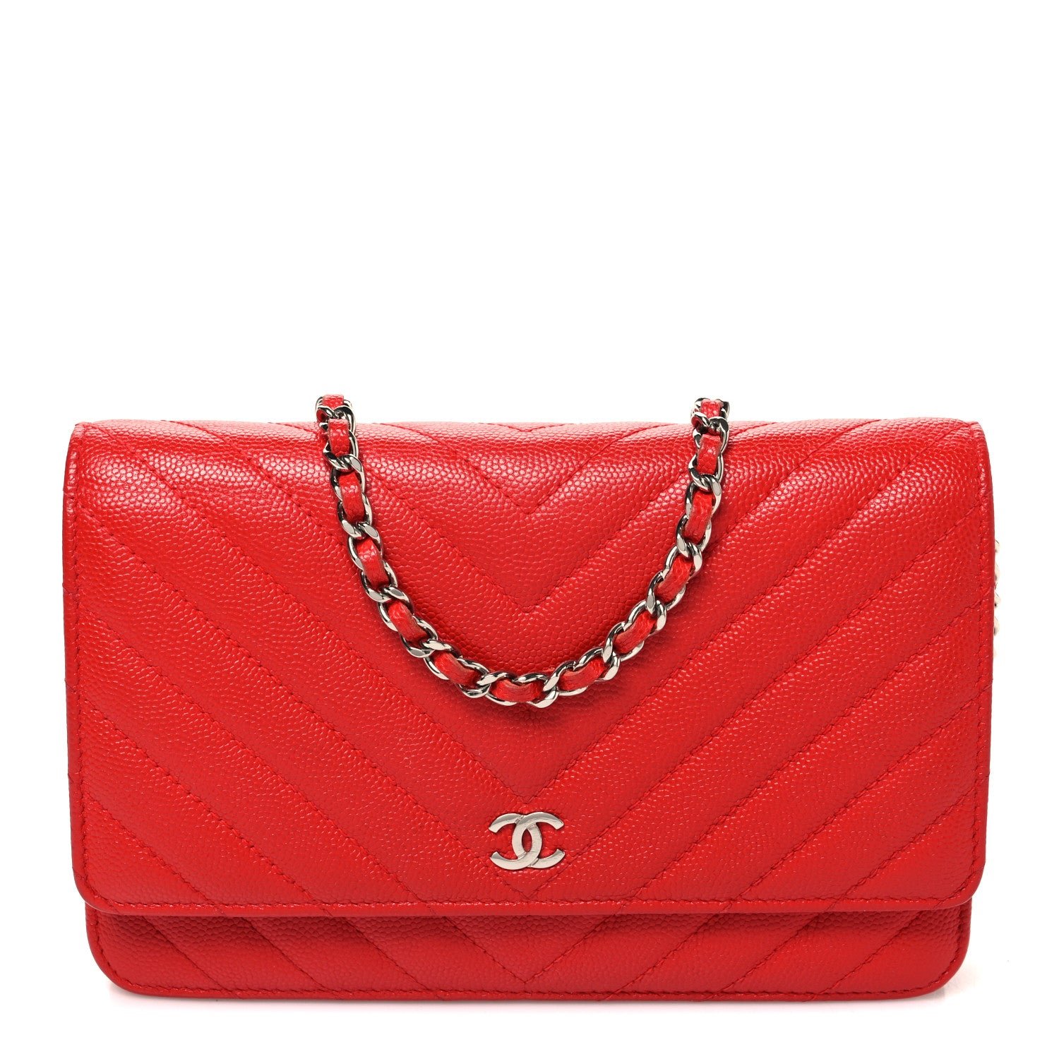 Chanel Caviar Chevron Quilted Wallet On Chain WOC Red