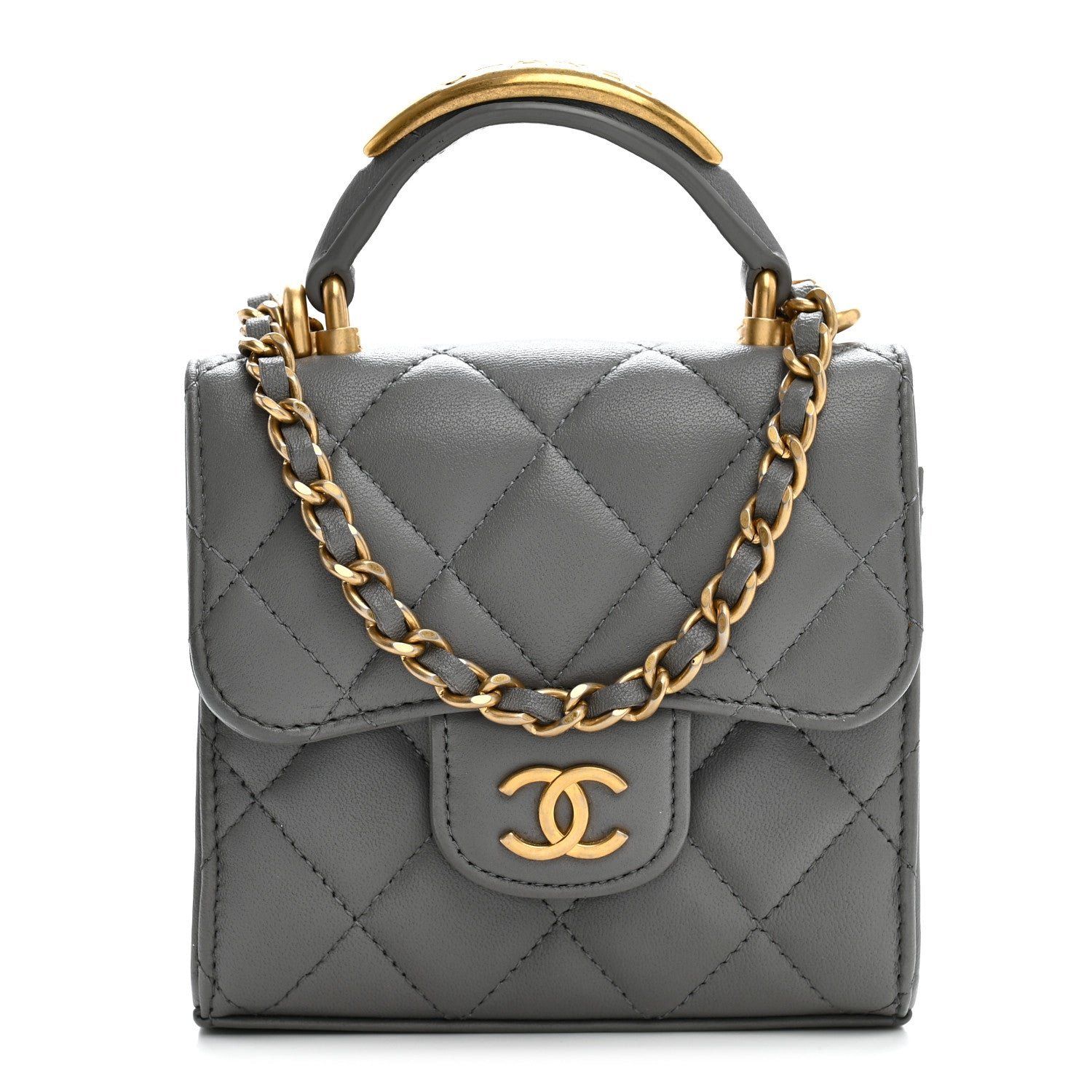 Chanel Lambskin Quilted Metal Top Handle Flap Clutch With Chain Grey