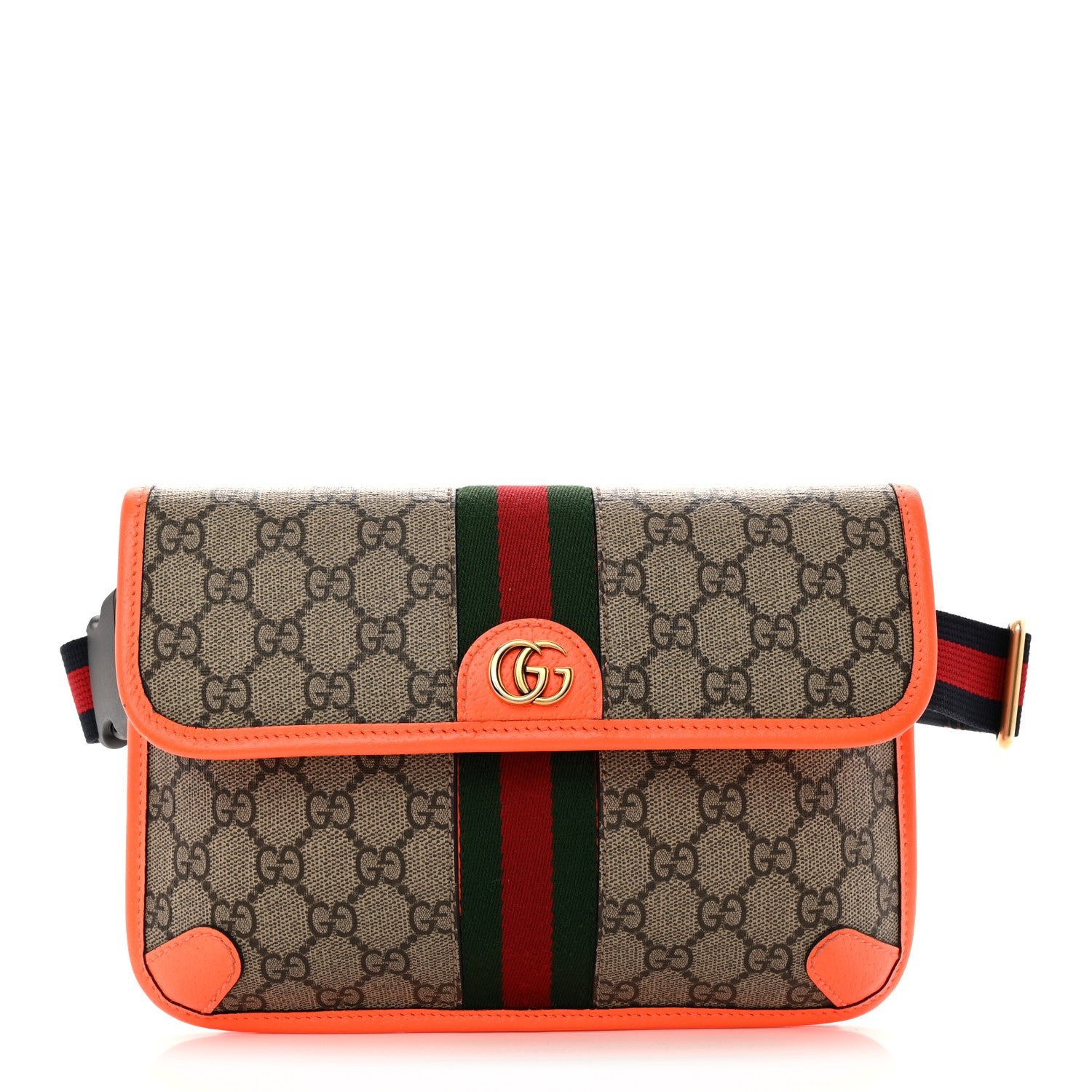 Gucci GG Supreme Monogram Web Small Ophidia Belt Bag Beige Ebony Orange Fluo