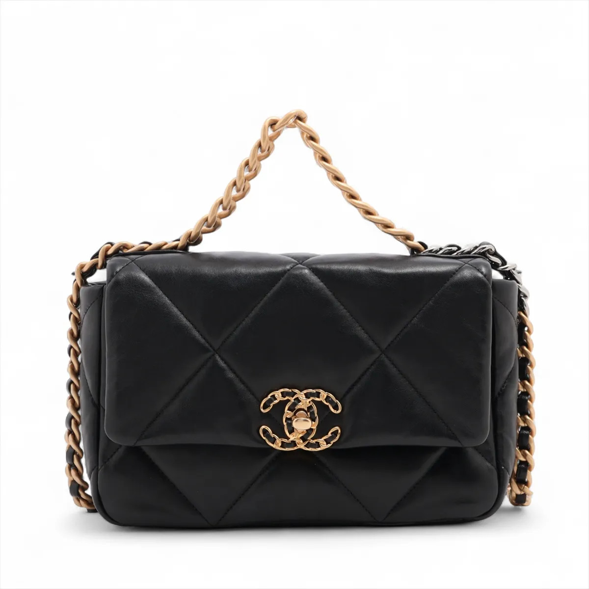 Chanel CHANEL 19 Lambskin Chain Shoulder Bag Black Gold x Silver Metal Fittings