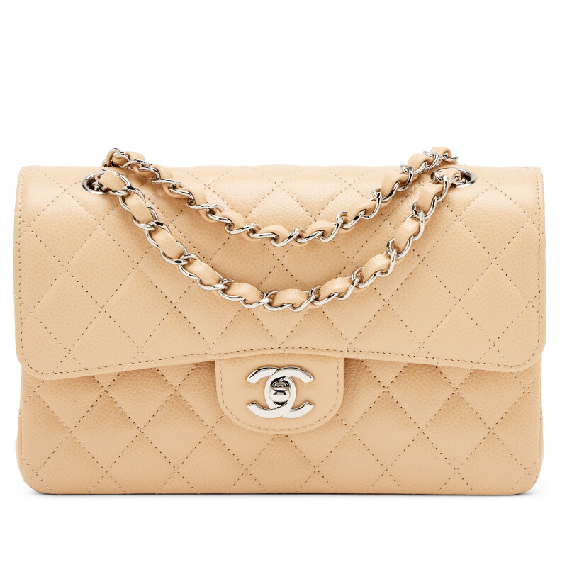 Beige Clair Quilted Caviar Small Classic Double Flap Bag Silver Hardware, 2022