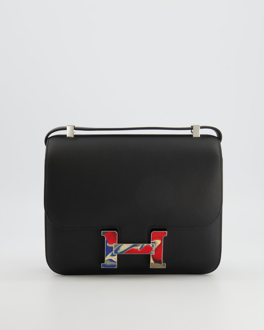 Hermes *LIMITED EDITION* Hermès Constance 24 Bag in Black Swift Leather with Red, Blue and Beige Marbled Palladium Hardware