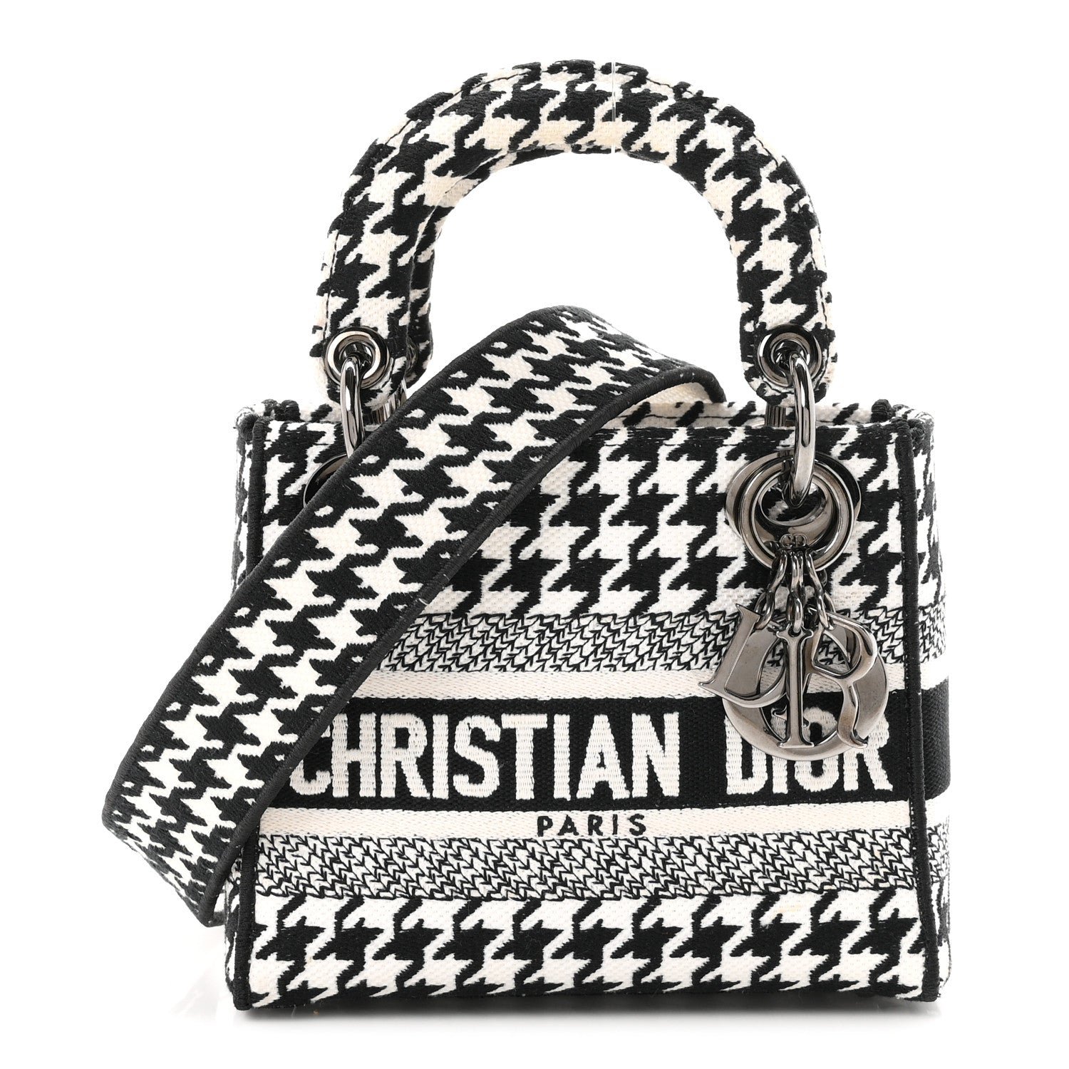 Christian Dior Canvas Houndstooth Embroidered Mini Lady D-Lite Black White