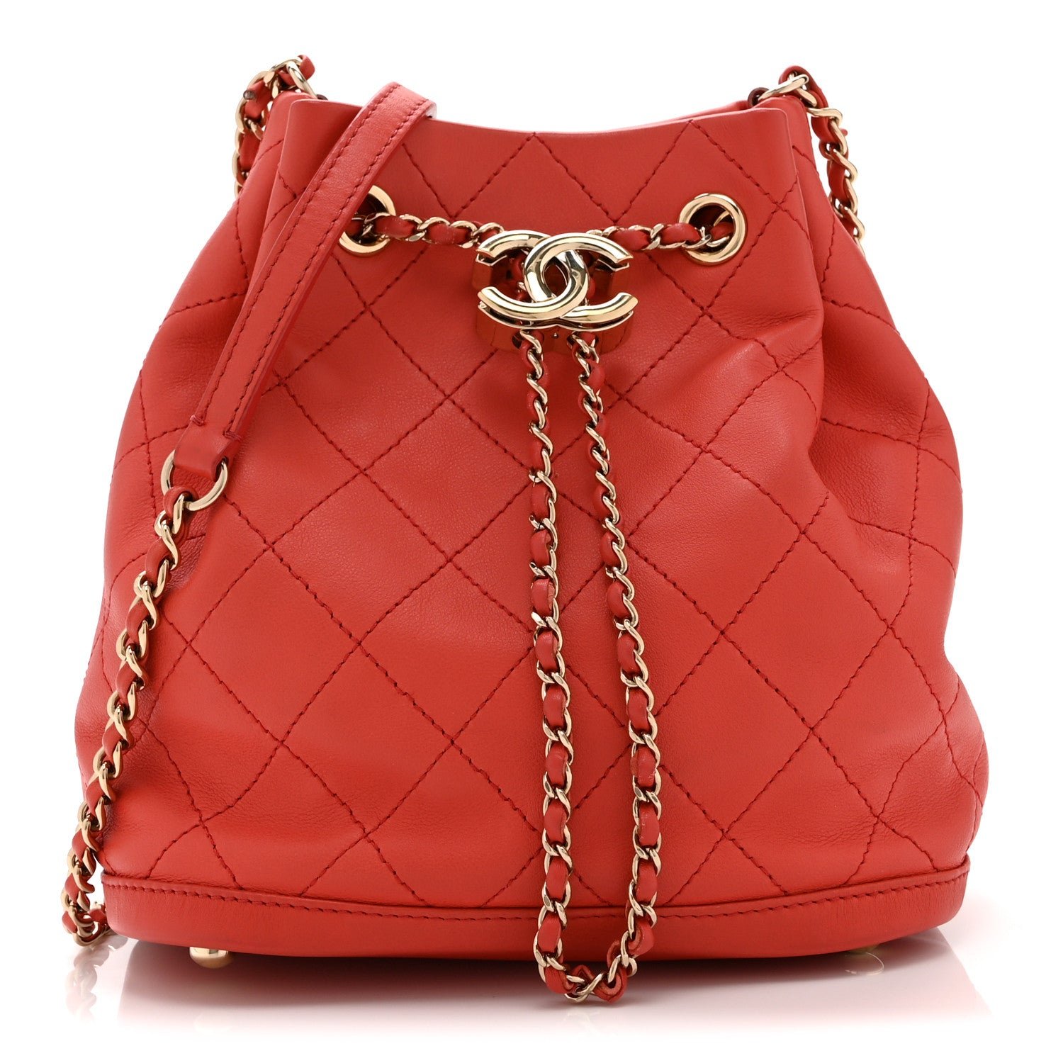 Chanel Calfskin Stitched Chain Bucket Bag Coral