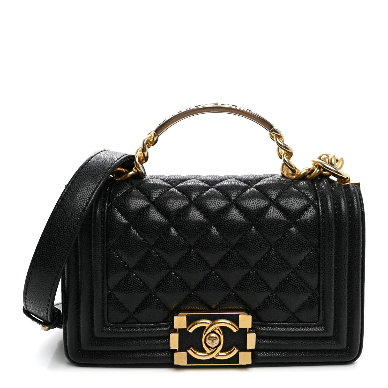 Chanel Shiny Caviar Quilted Small Top Handle Boy Flap Black