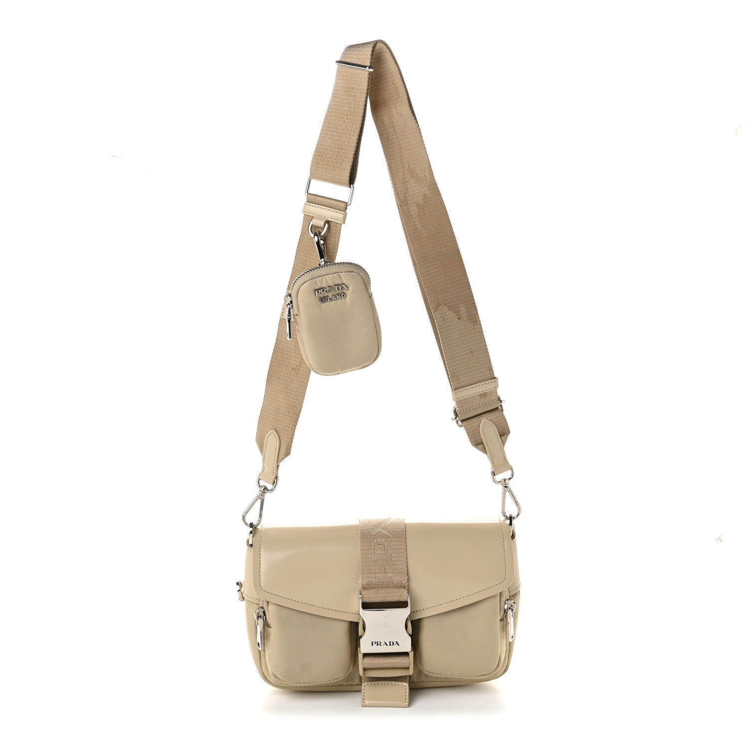 Prada Re-Nylon Spazzolato Double Pocket Buckle Shoulder Bag Deserto