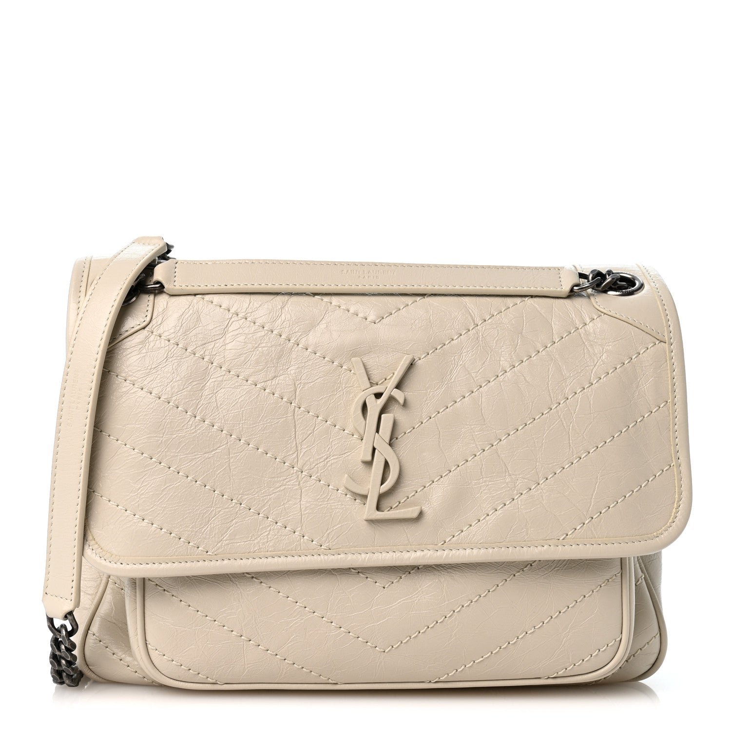 Saint Laurent Crinkled Calfskin Matelasse Monogram Medium Niki Chain Satchel Crema Soft