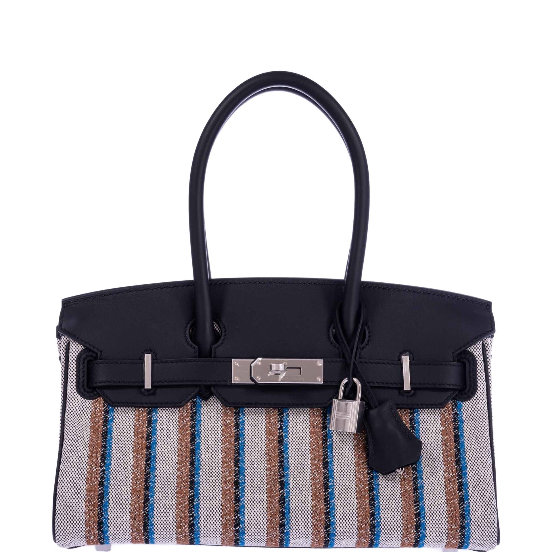 Hermes Hermès Birkin Shoulder Light 29 in Black Evercolor and Embroidered Toile Palladium Hardware