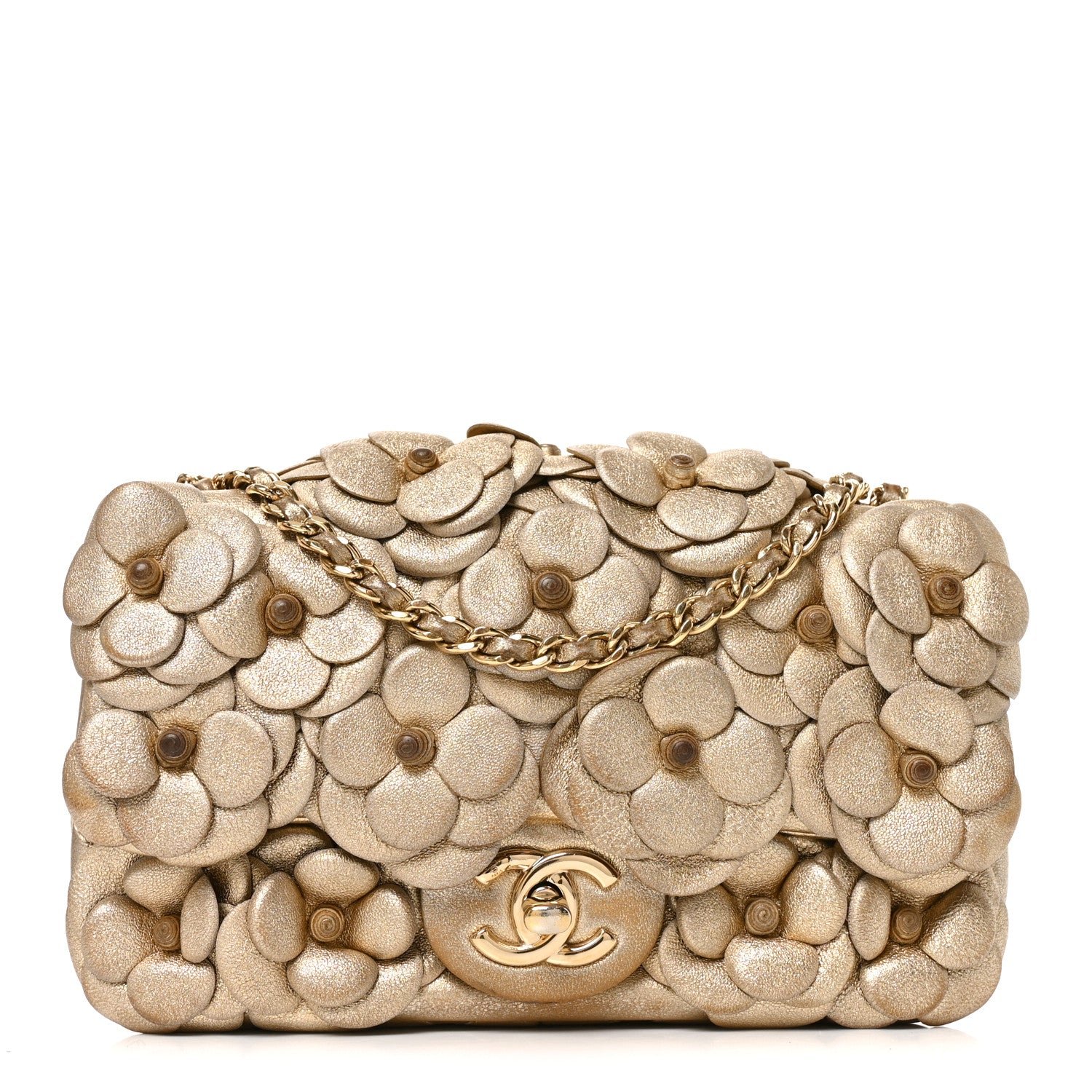 Chanel Metallic Lambskin Quilted Mini Camellia Flap Gold