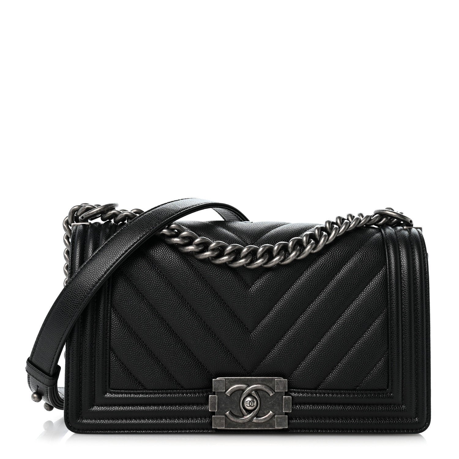 Chanel Caviar Chevron Quilted Medium Boy Flap Black