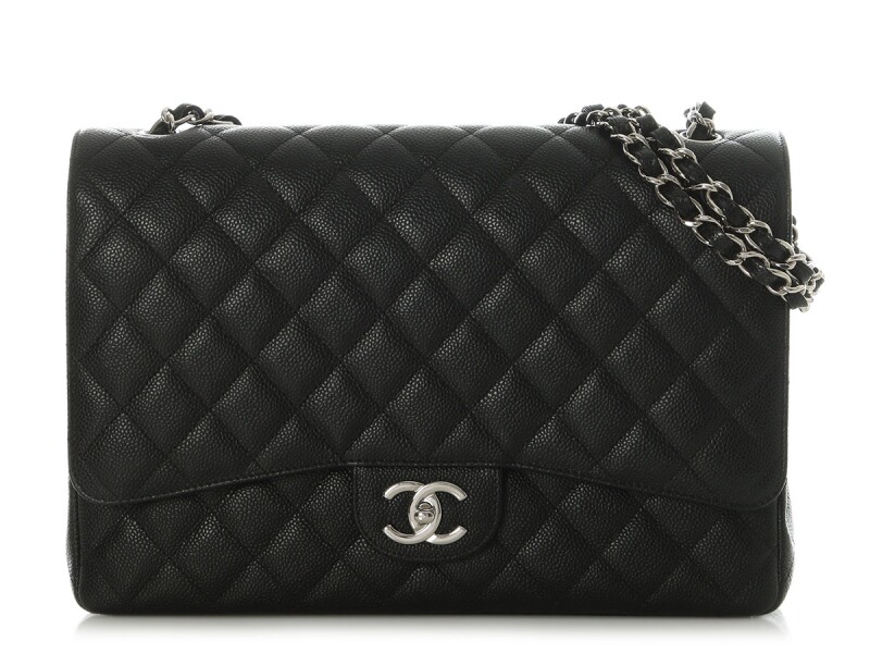 Black Quilted Caviar Classic Maxi Double Flap Bag Silver Hardware, 2014-2015