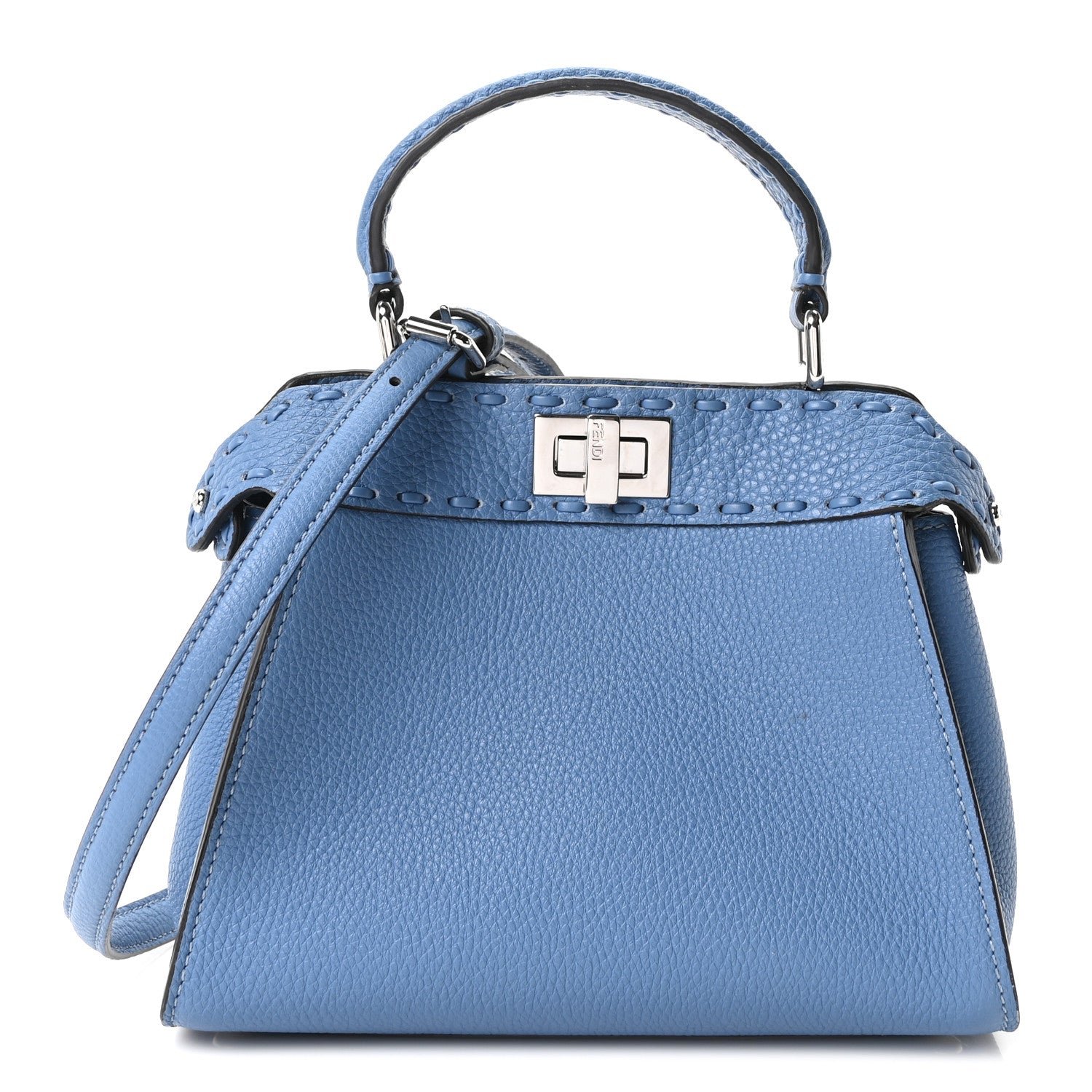 Fendi Cuoio Romano Selleria Macro Stitchings Mini Peekaboo Iconic Satchel Argento Blue