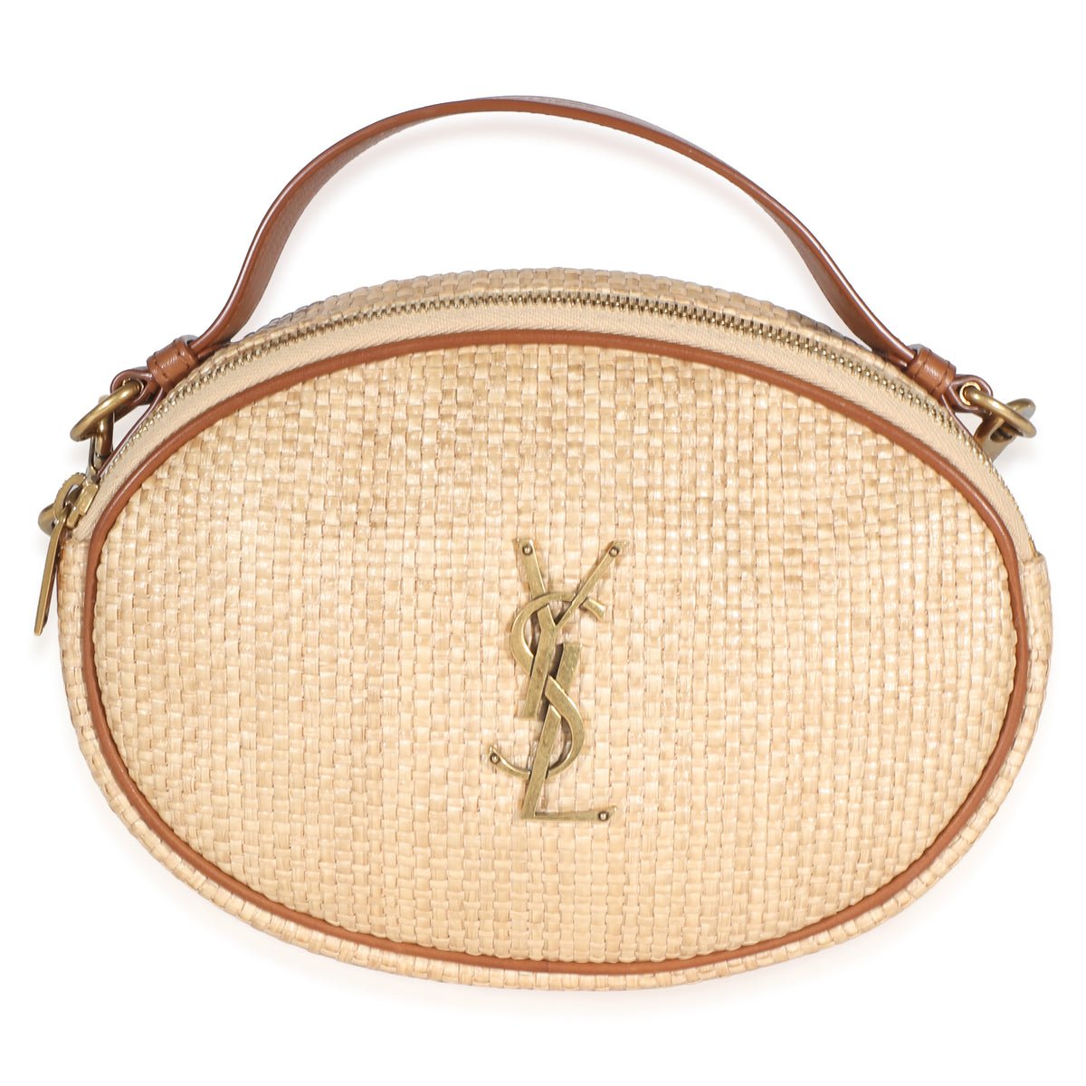Beige Raffia Brown Calfskin Round Camera Bag