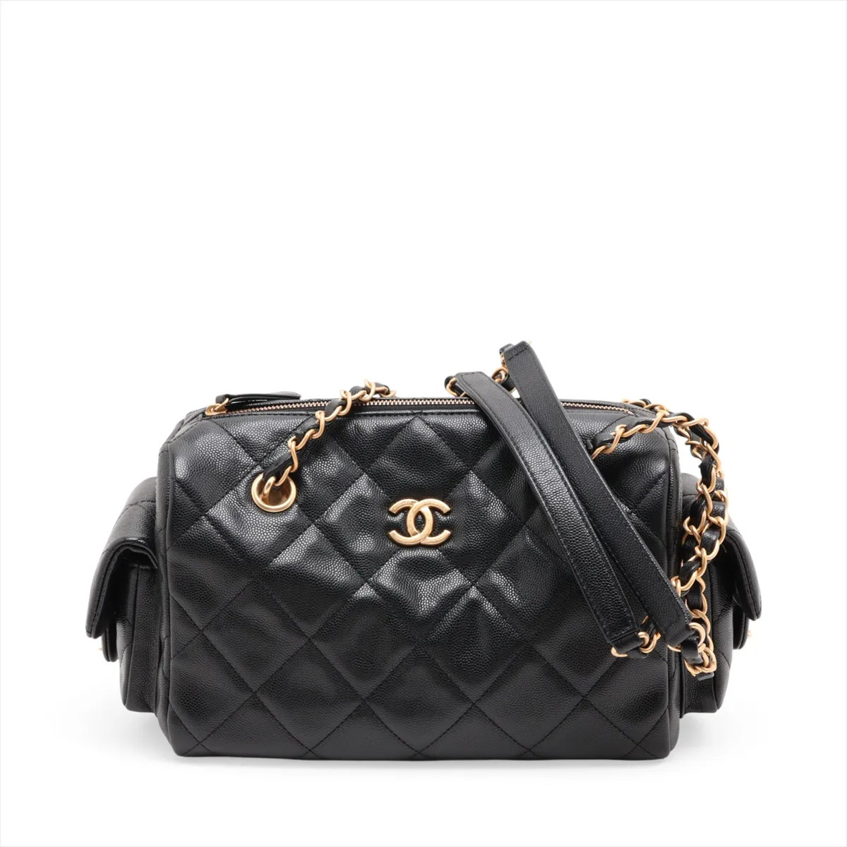 Chanel Matelasse Caviar Skin Chain Shoulder Bag Bowling bag Black Gold Metal Fit