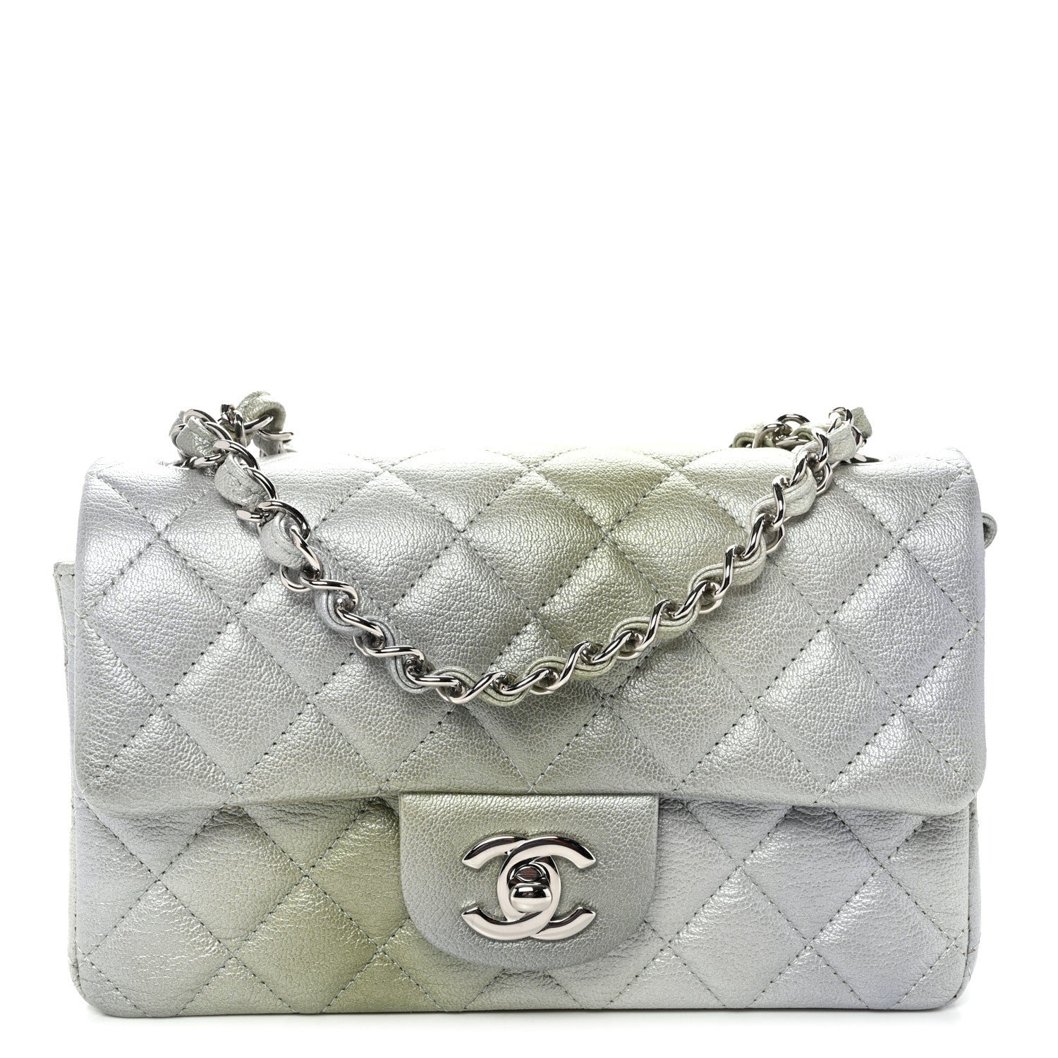 Chanel Metallic Goatskin Quilted Ombre Mini Rectangular Flap Grey Green