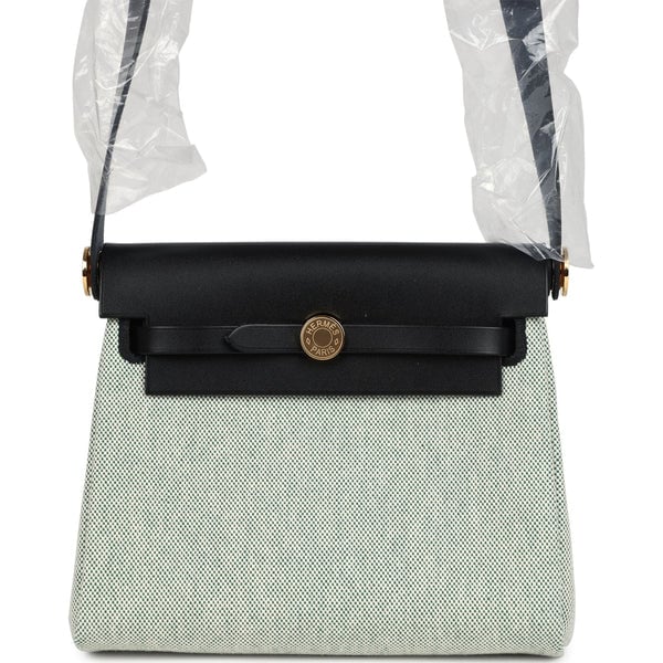 Hermes Hermes Herbag Zip 20 Mini Ecru and Vert Moyen Toile H Canvas and Black Vache Hunter Gold Hardware