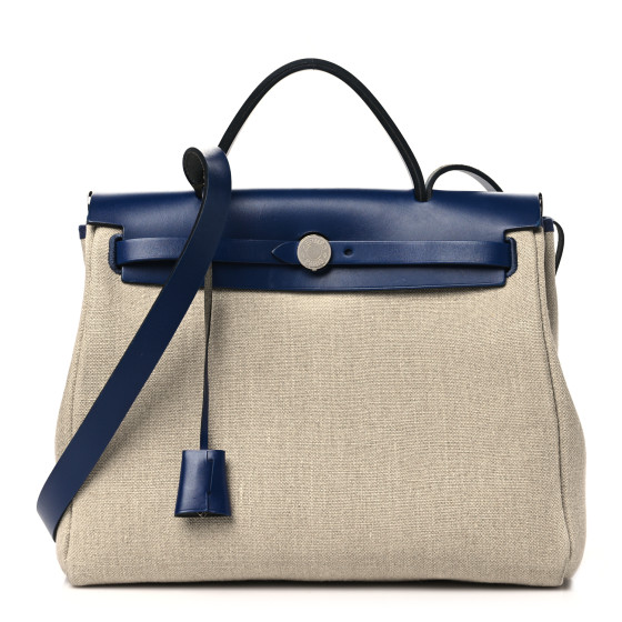 Hermes Military Toile Vache Hunter Herbag Zip Retourne 31 PM Bleu De France Ecru