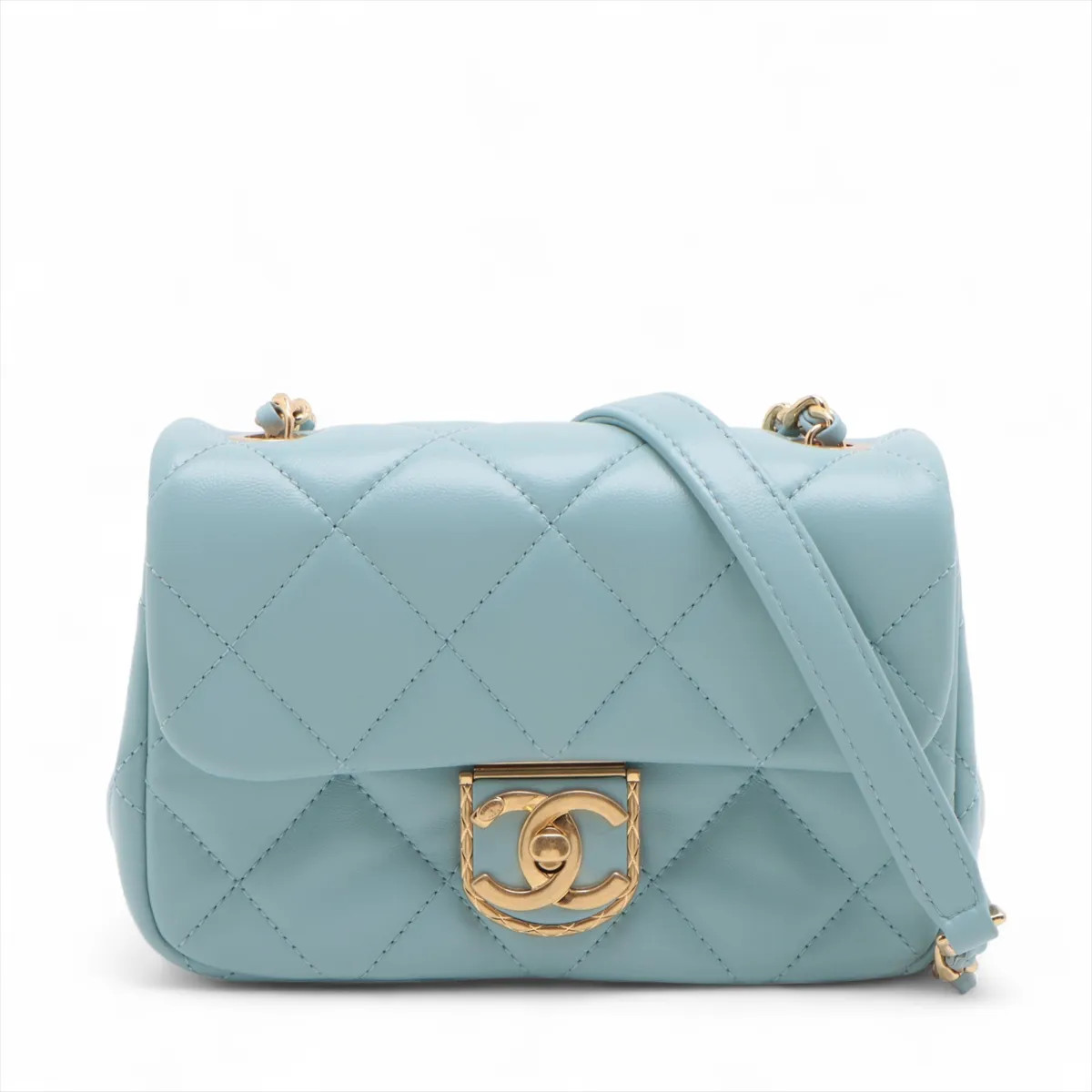 Chanel Matelasse Lambskin Single Flap Single Chain Bag Blue Gold Metal Fittings