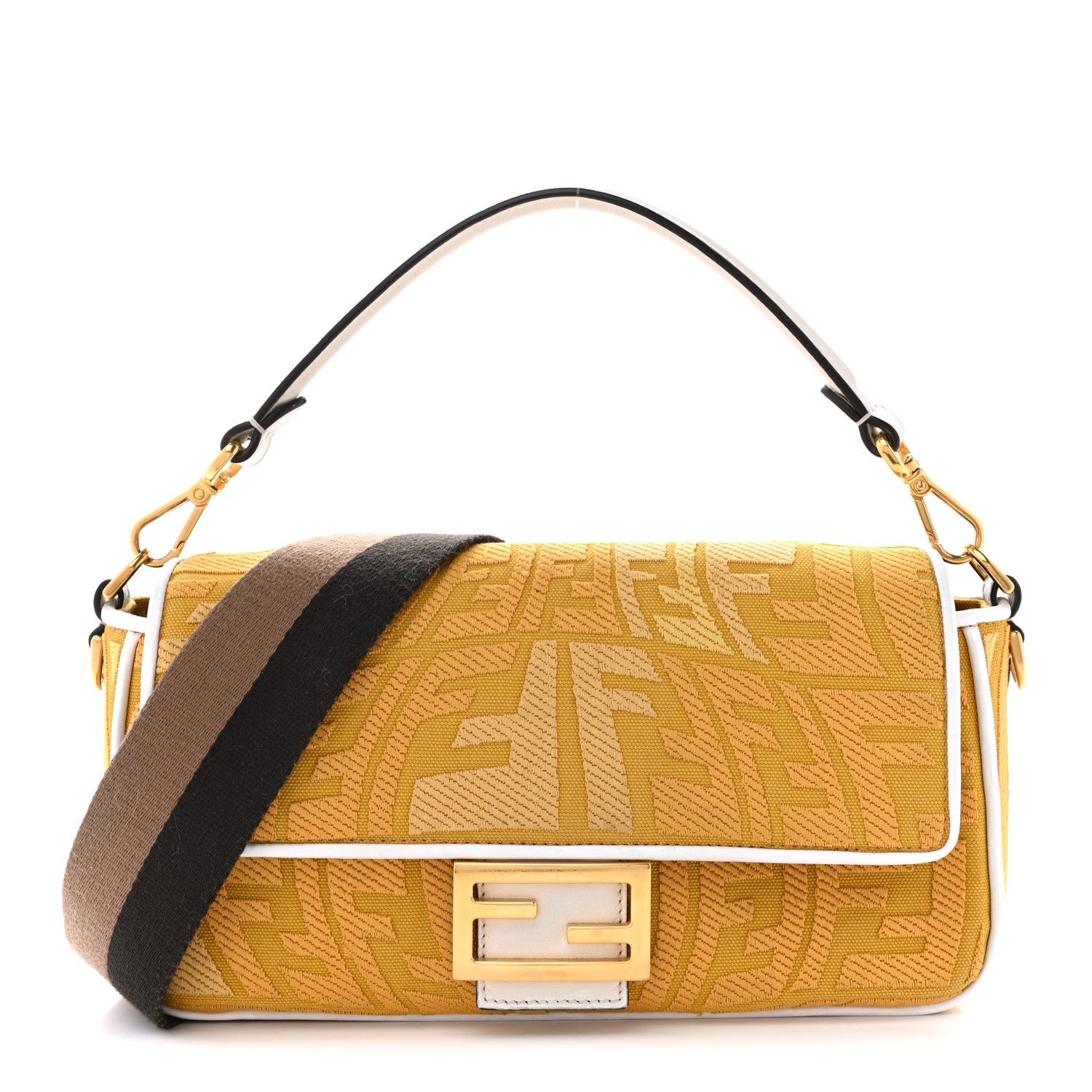 Fendi X SARA COLEMAN Canvas Vitello King Seta FF Fish Eye Embroidered Baguette Mostarda White Ice