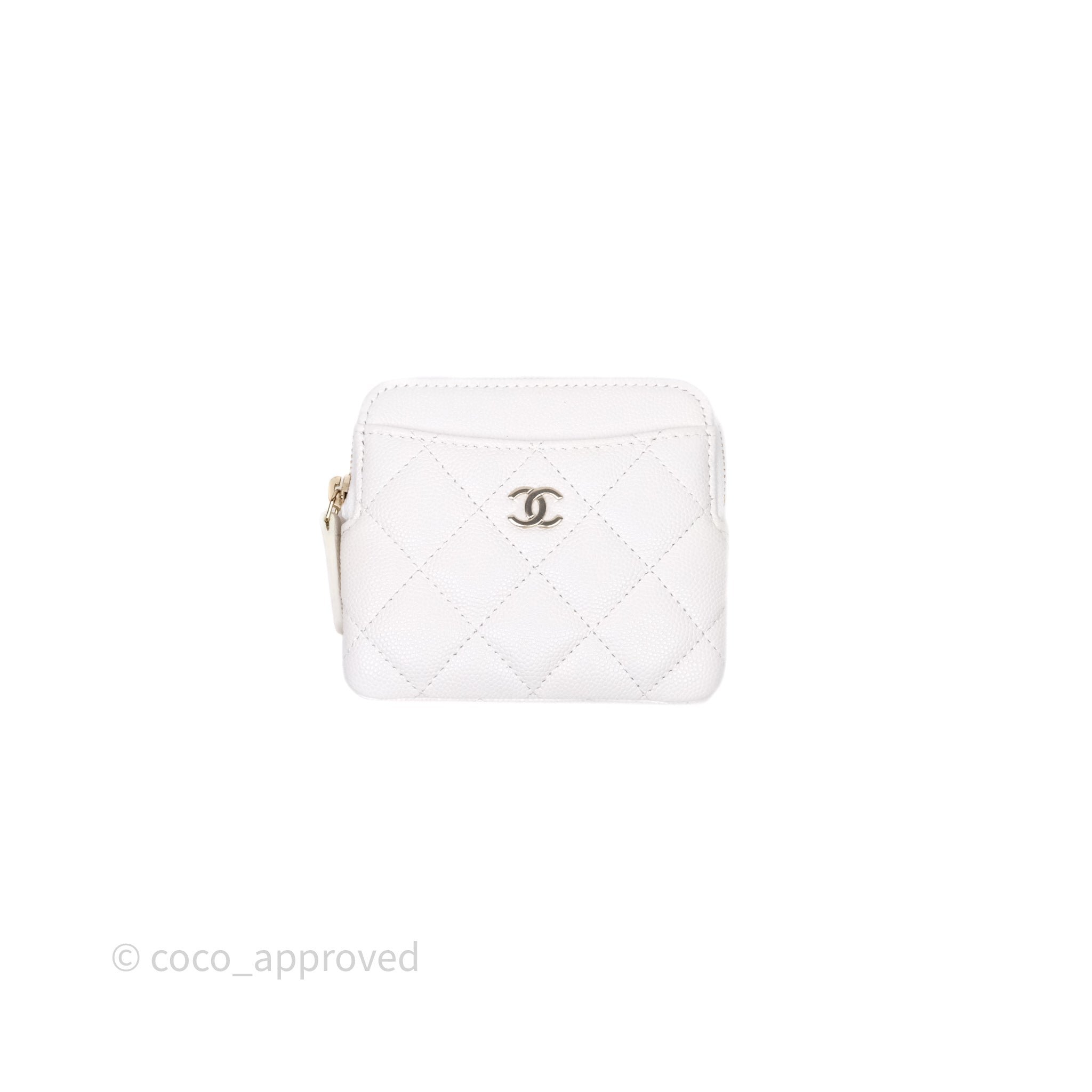 Chanel Quilted Classic Zip Card Holder Wallet White Caviar Gold Hardware