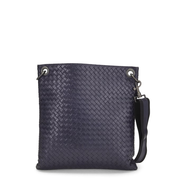 Bottega Veneta Navy Intrecciato Leather Flat Messenger Bag