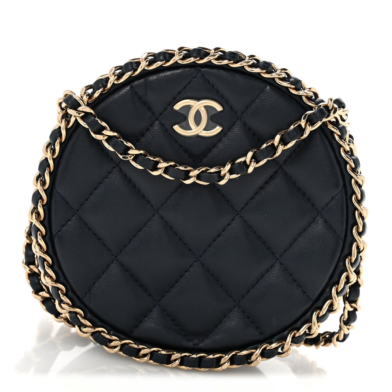 Chanel Lambskin Quilted Chain Around CC Round Clutch With Chain Navy
