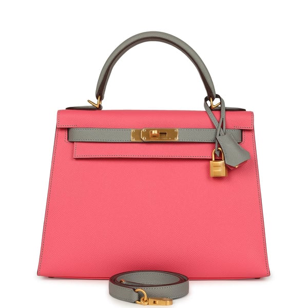Hermes Hermes Special Order (HSS) Kelly Sellier 28 Rose Azalee and Gris Mouette Epsom Brushed Gold Hardware