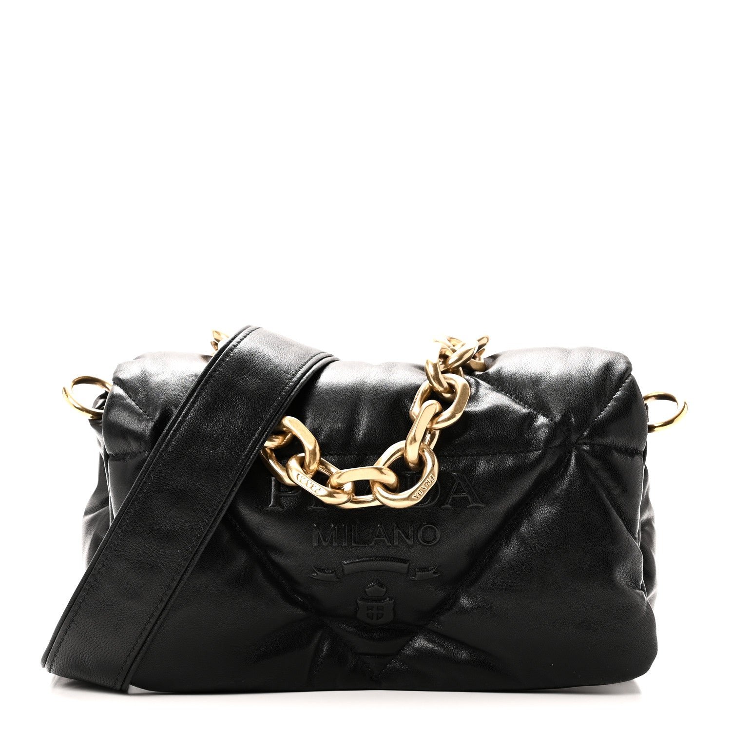 Prada Nappa Soft Padded Logo Embossed Triangle Quilted Small Shoulder Bag Black