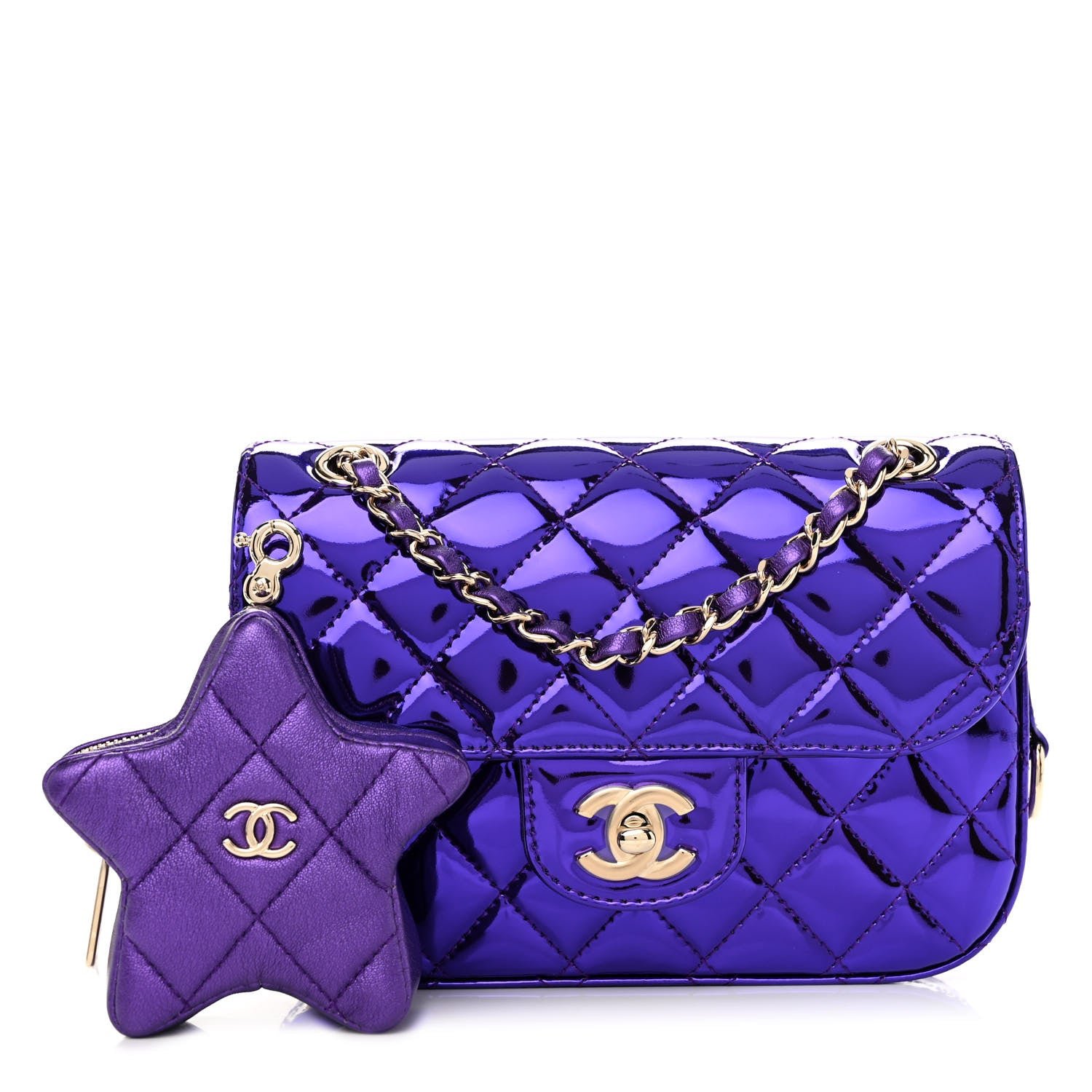 Chanel Mirror Calfskin Metallic Calfskin Quilted Hollywood Boulevard Mini Flap With Star Coin Purse Purple