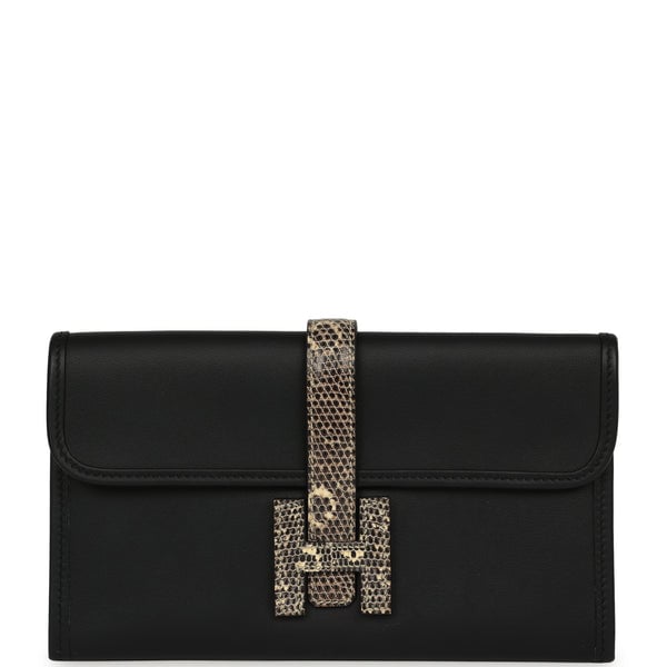 Hermes Jige Duo Clutch Black Swift, Varanus Niloticus Lizard Touch Palladium Hardware