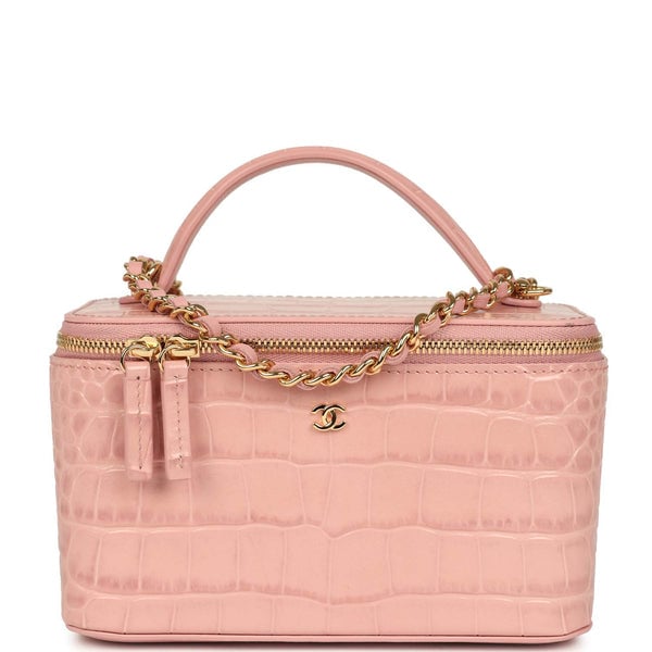 Chanel Small Top Handle Vanity Case Light Pink Croc Embossed Calfskin Gold Hardware