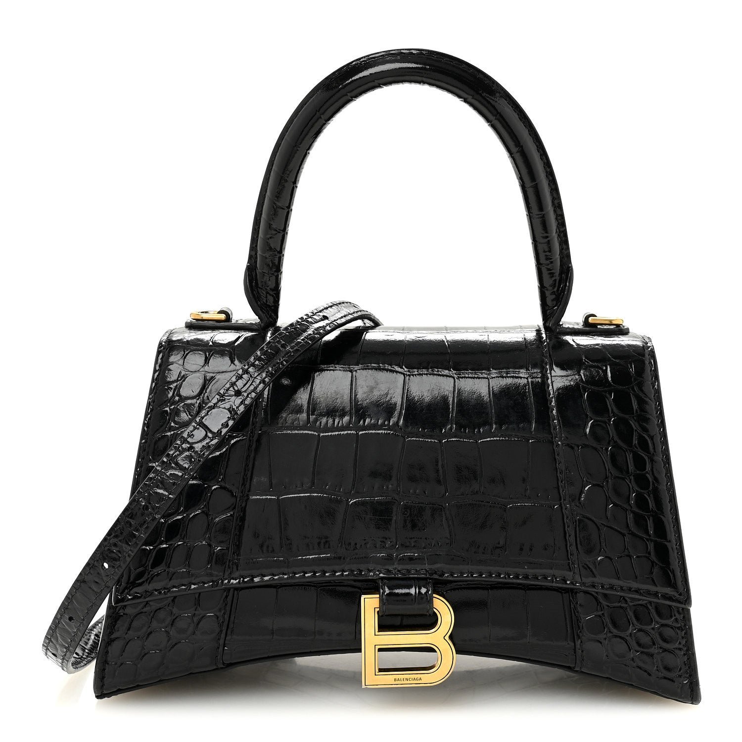 Balenciaga Shiny Calfskin Crocodile Embossed Small Hourglass Top Handle Bag Black