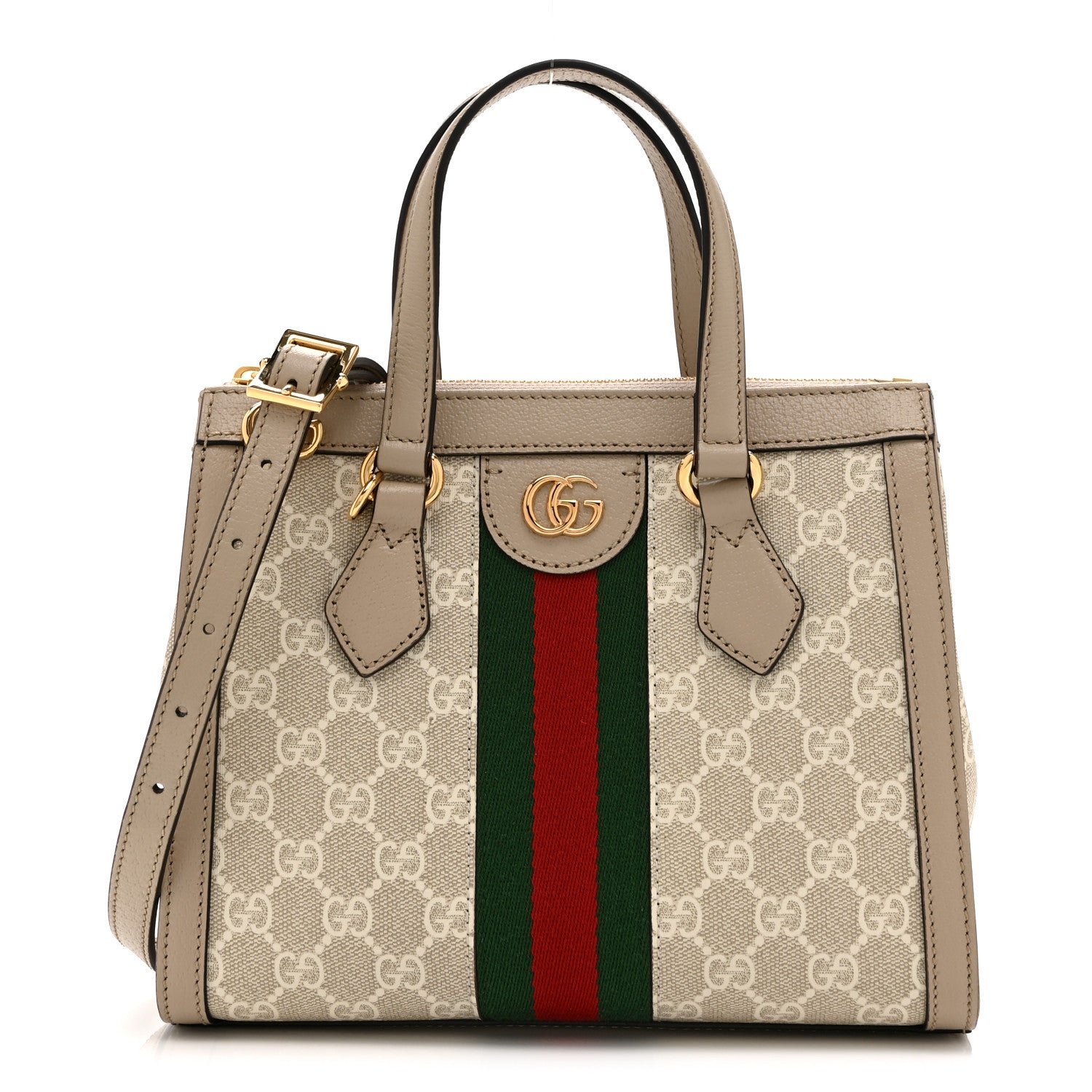 Gucci GG Supreme Monogram Textured Dollar Calfskin Web Small Ophidia Tote Bag Beige Mystic White Oatmeal