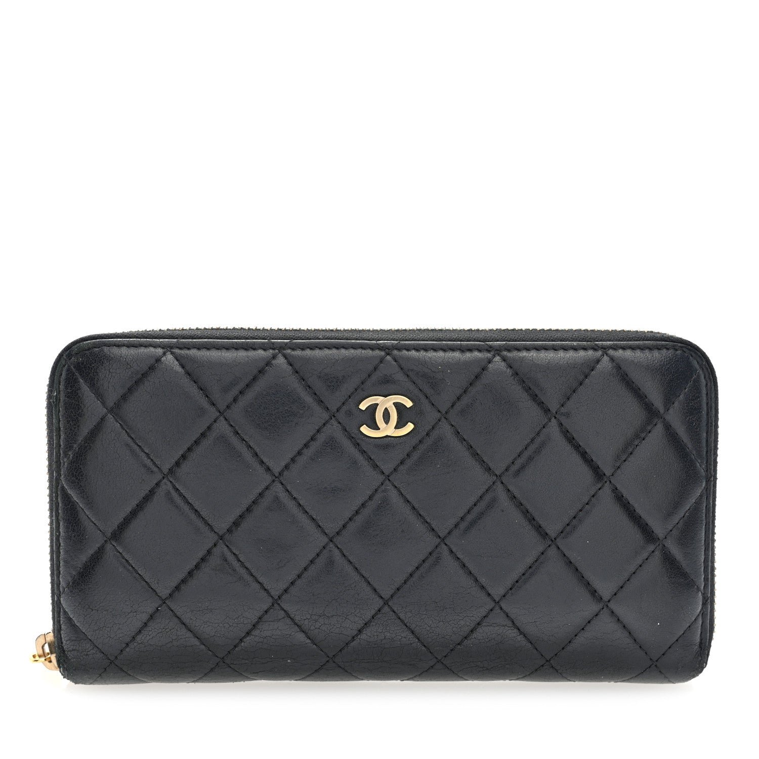 Chanel Lambskin Quilted Large Gusset Zip Around Wallet Black