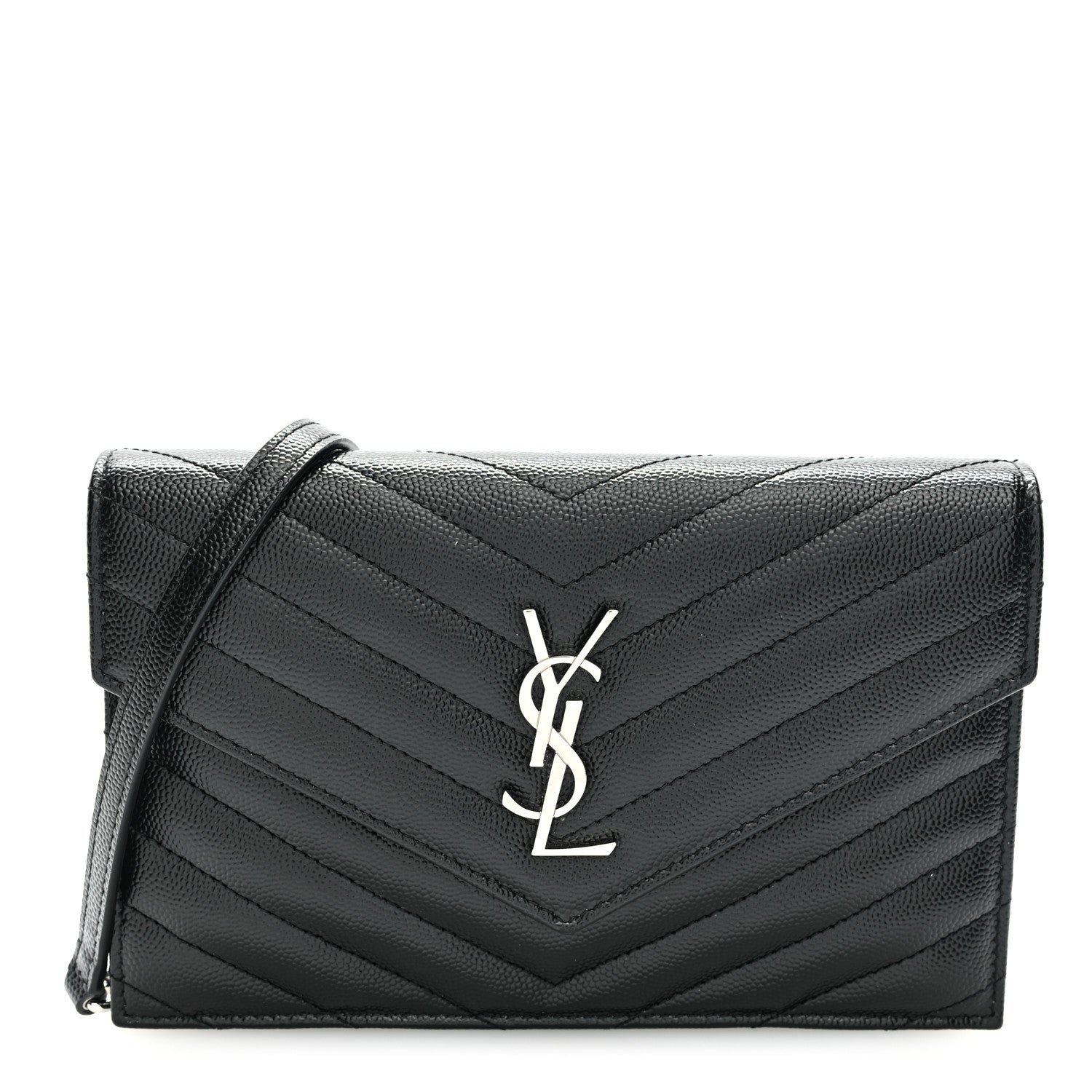 Saint Laurent Grain De Poudre Matelasse Chevron Monogram Envelope Chain Wallet Black