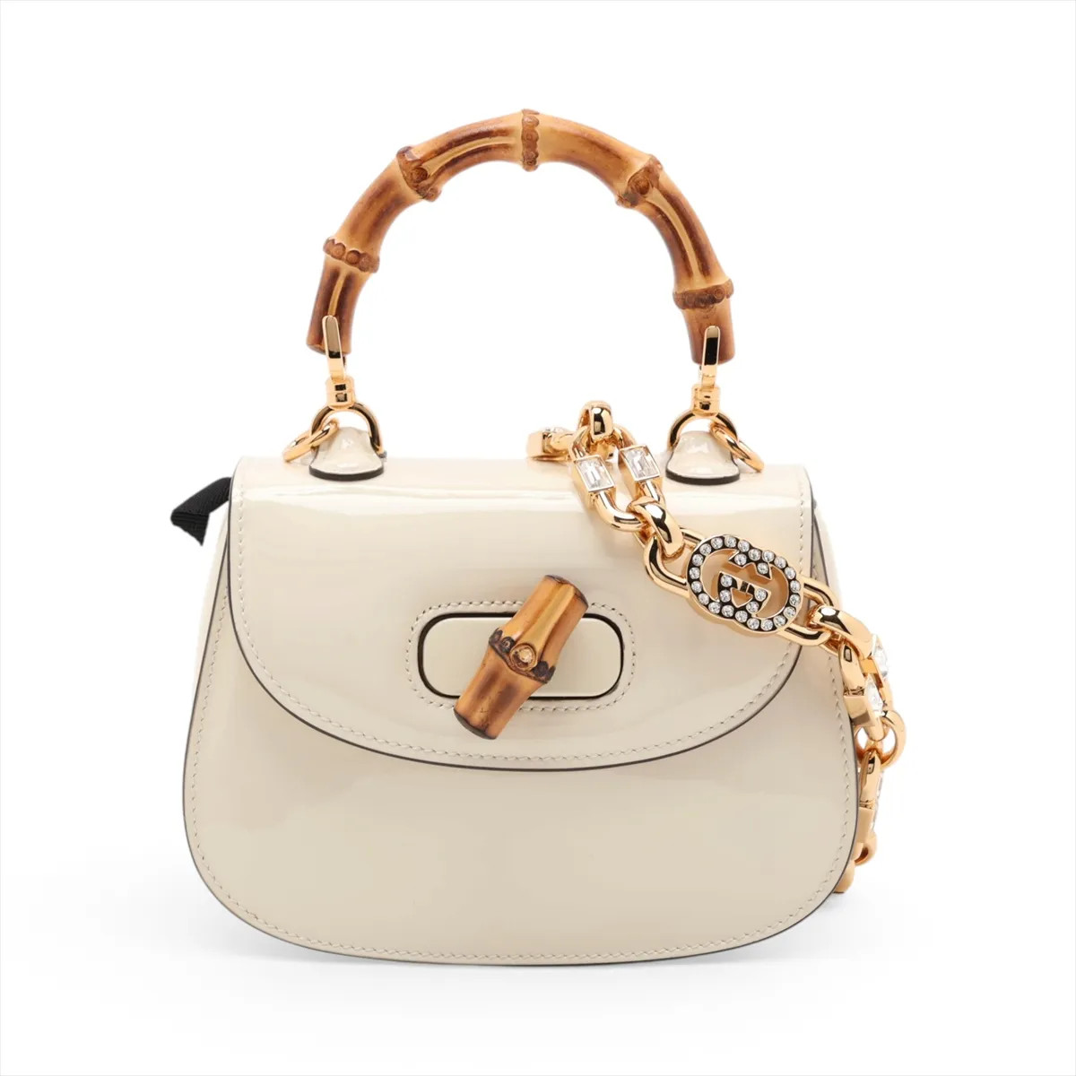 Gucci Bamboo 724641 Patent Leather 2 Way Handbag Ivory
