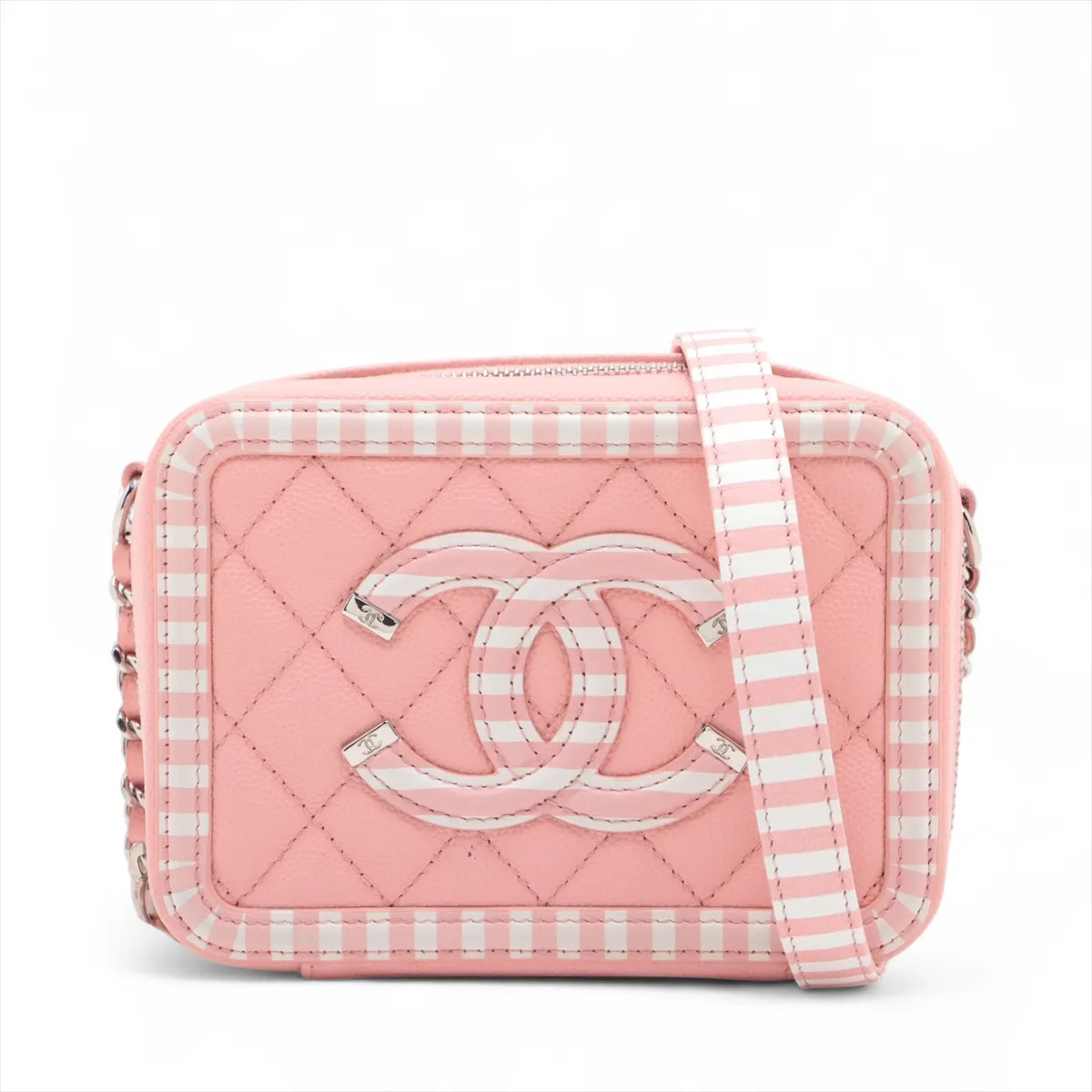 Chanel CC Filigree Caviar Skin Chain Shoulder Bag pink x white Silver Metal Fitt