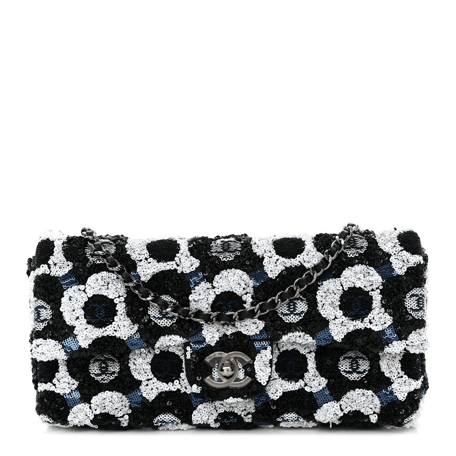 Chanel Satin Sequin Embellished Flower East West Flap Black White Blue