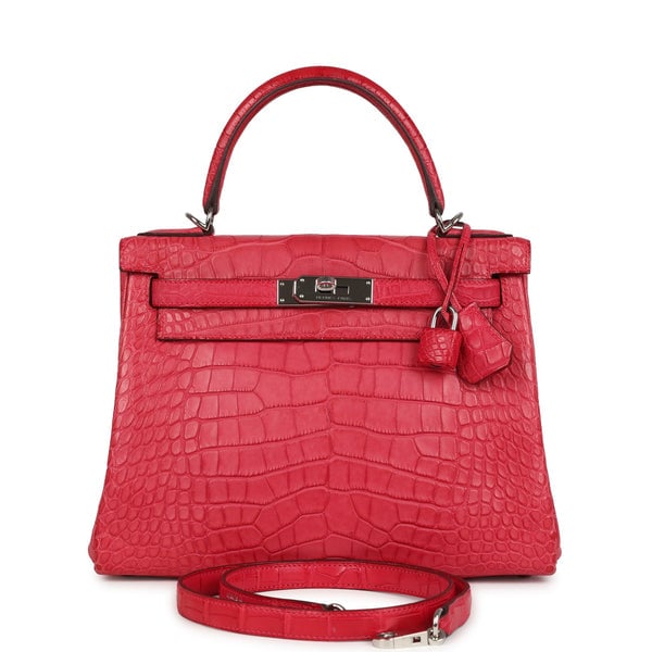 Hermes Pre-owned Hermes Kelly Retourne 28 Rose Extreme Matte Alligator Palladium Hardware