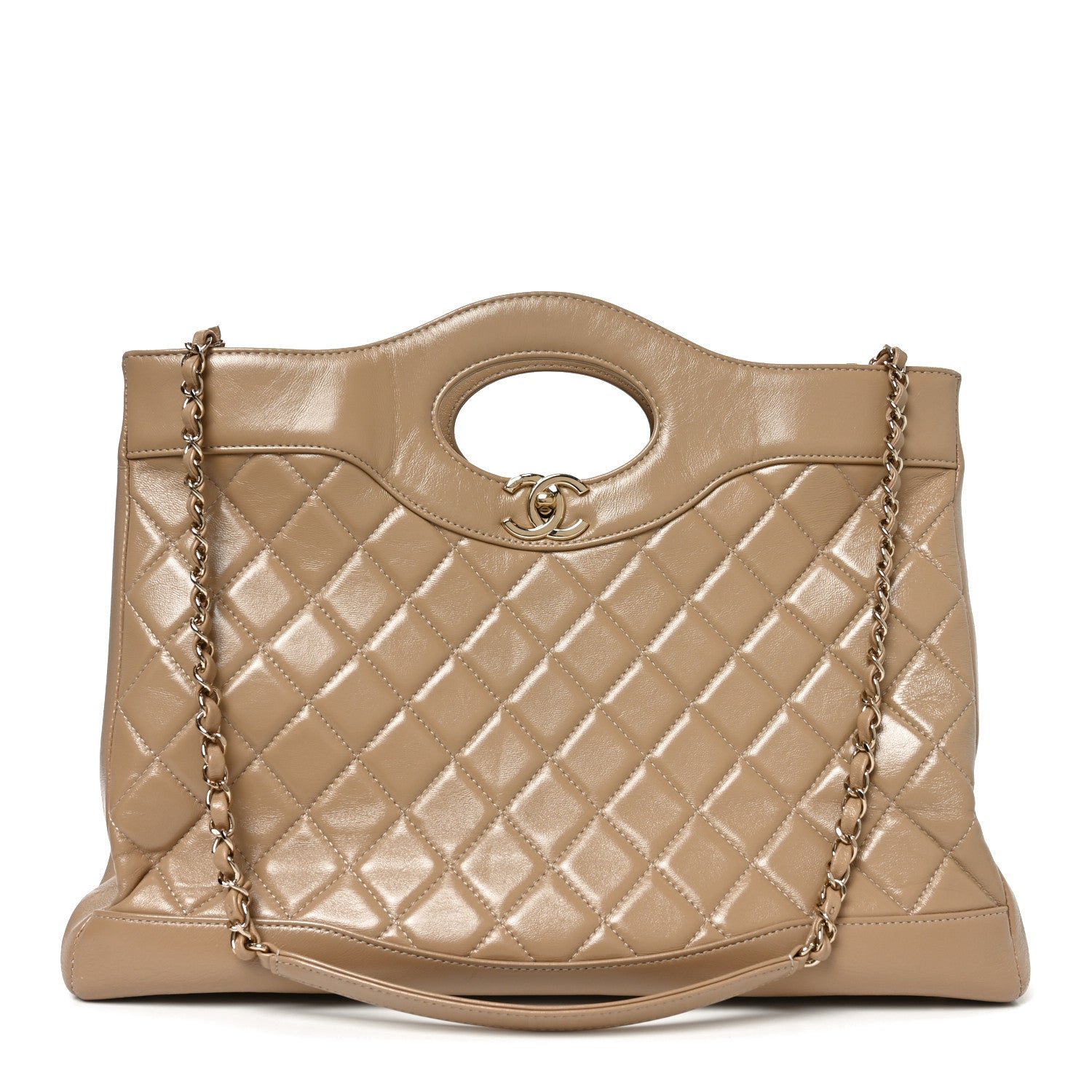 Chanel Shiny Crumpled Calfskin Quilted Large 31 Shopping Bag Beige