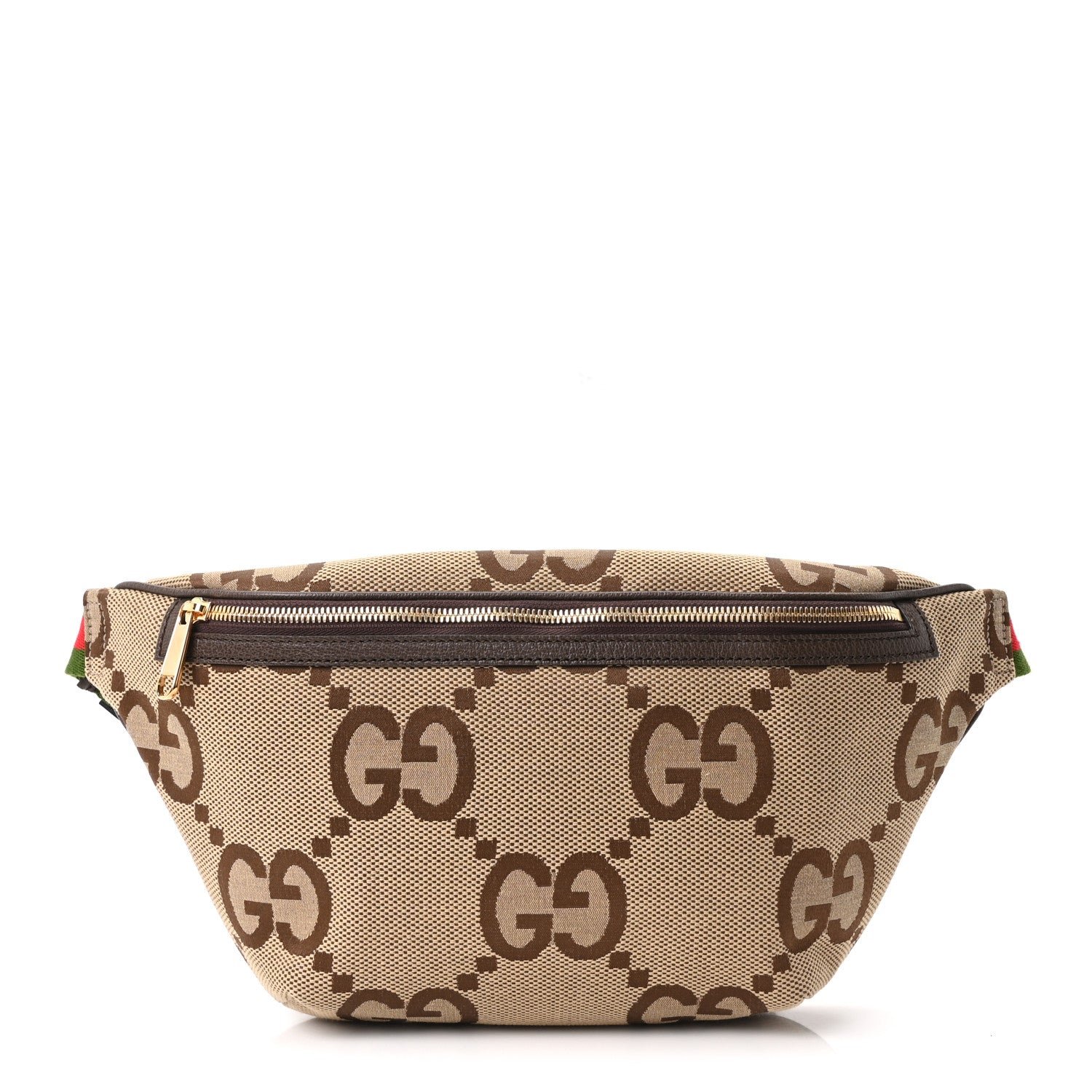 Gucci Monogram Jumbo GG Textured Dollar Calfskin Web Belt Bag Camel Ebony New Acero