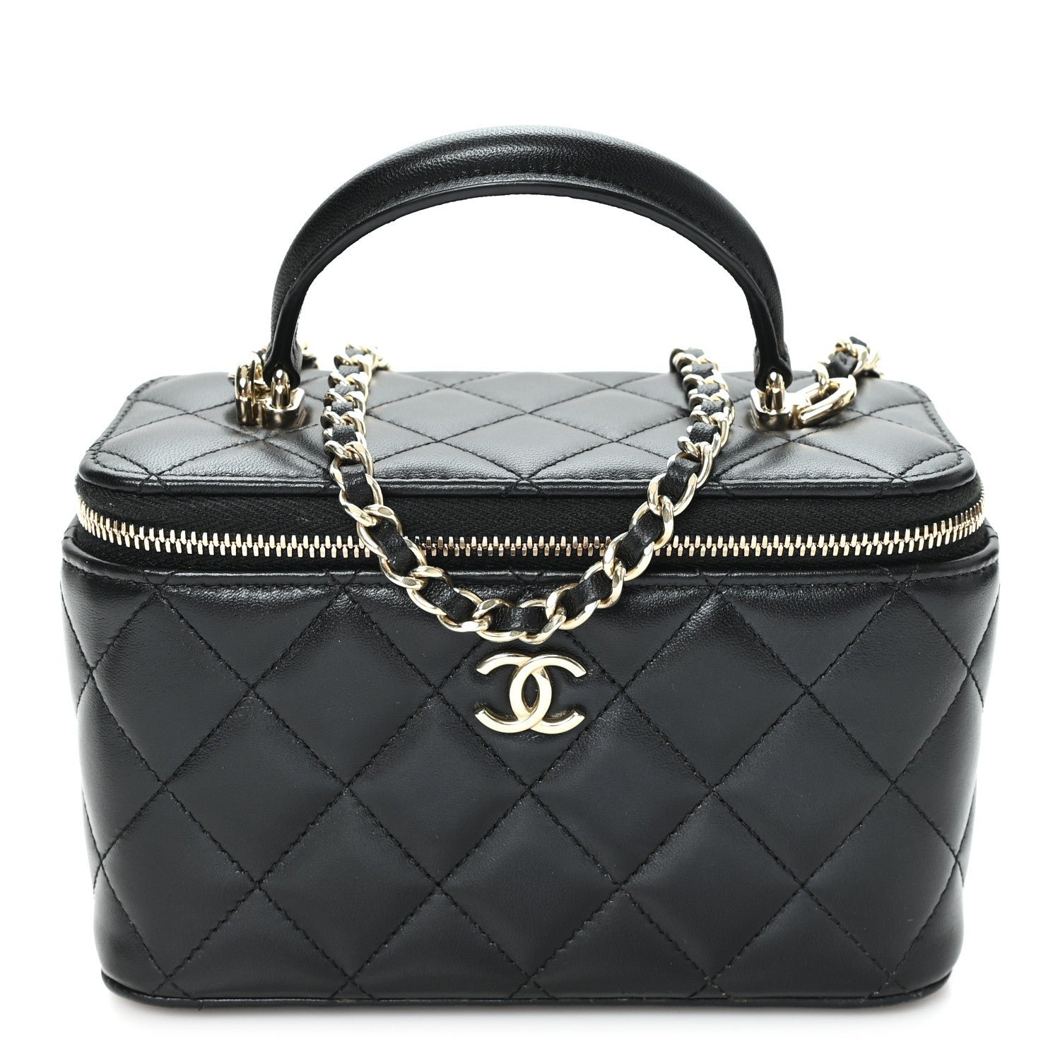 Chanel Lambskin Quilted Small Top Handle Vanity Case With Chain Black