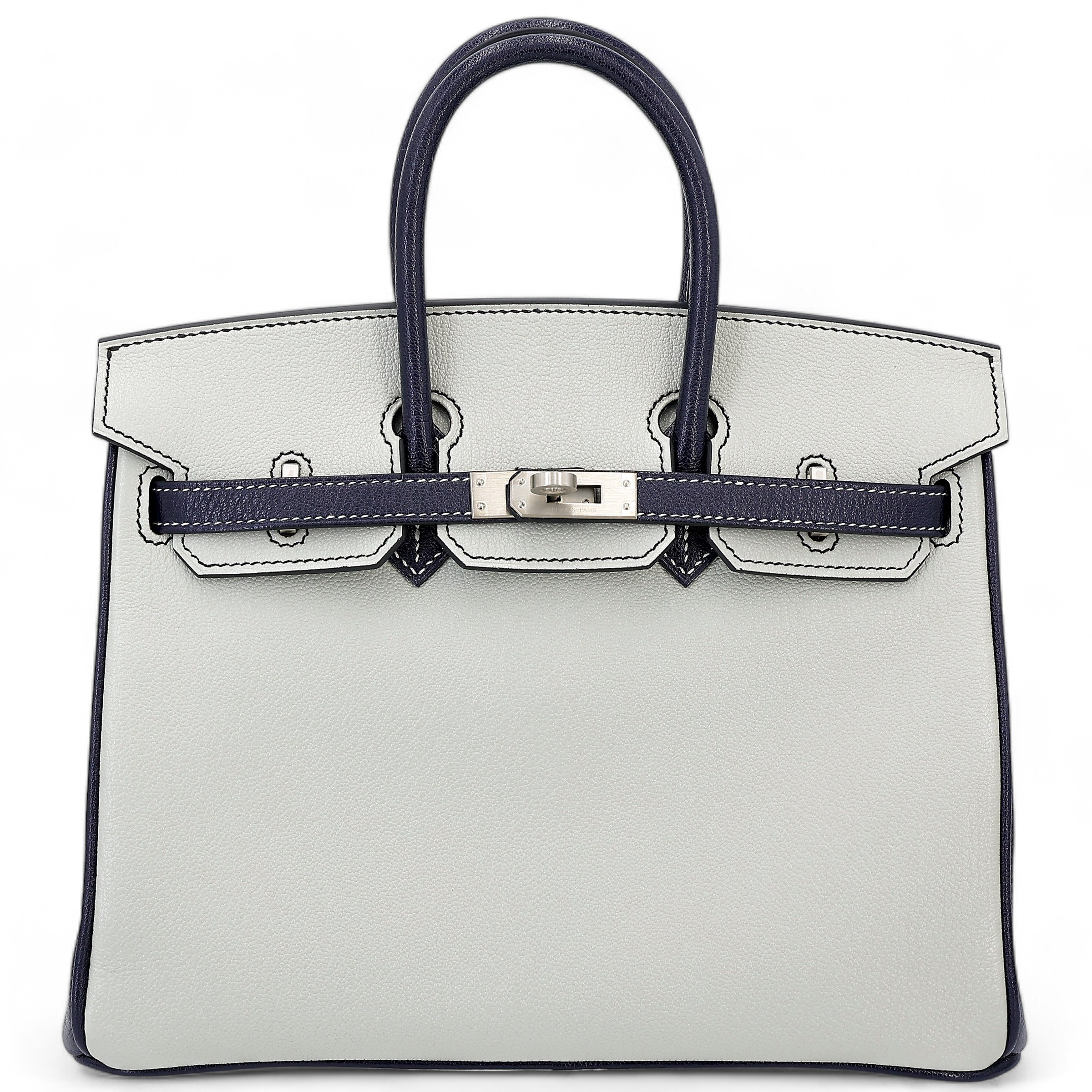 Hermes Excellent ( Rank SA ) HERMÈS Special Order Birkin 25 Gris Perle (80) Bleu Indigo (76) Chevre Brushed Palladium Y (2020)