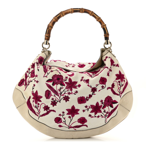 Gucci Lizard Canvas Embroidered Peggy Bamboo Top Handle Hobo White Pink