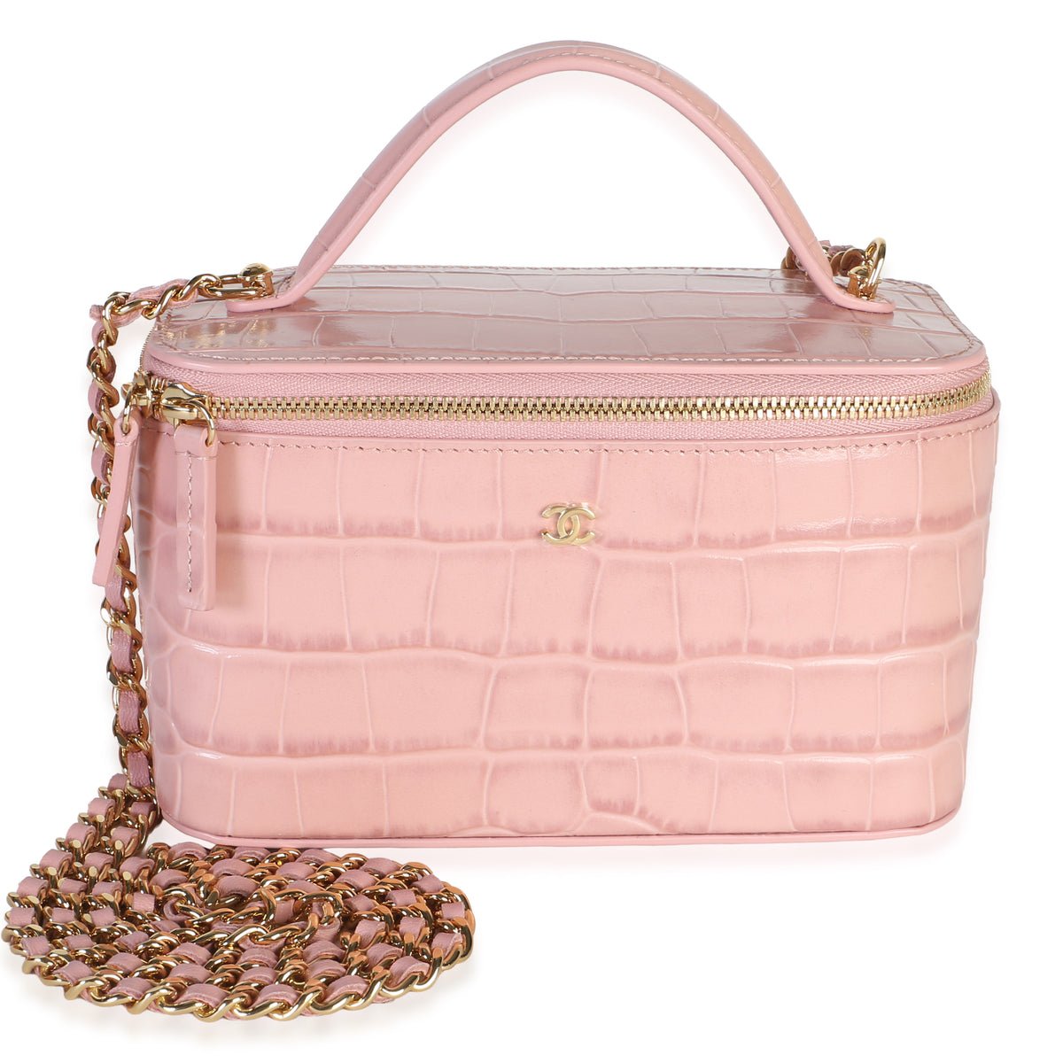 26B Light Pink Crocodile Embossed Calfskin Vanity With Chain