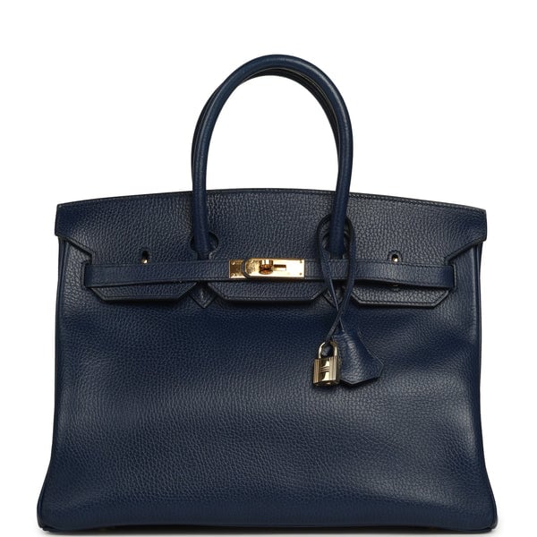 Vintage Hermes Birkin 35 Bleu Marine Ardennes Gold Hardware