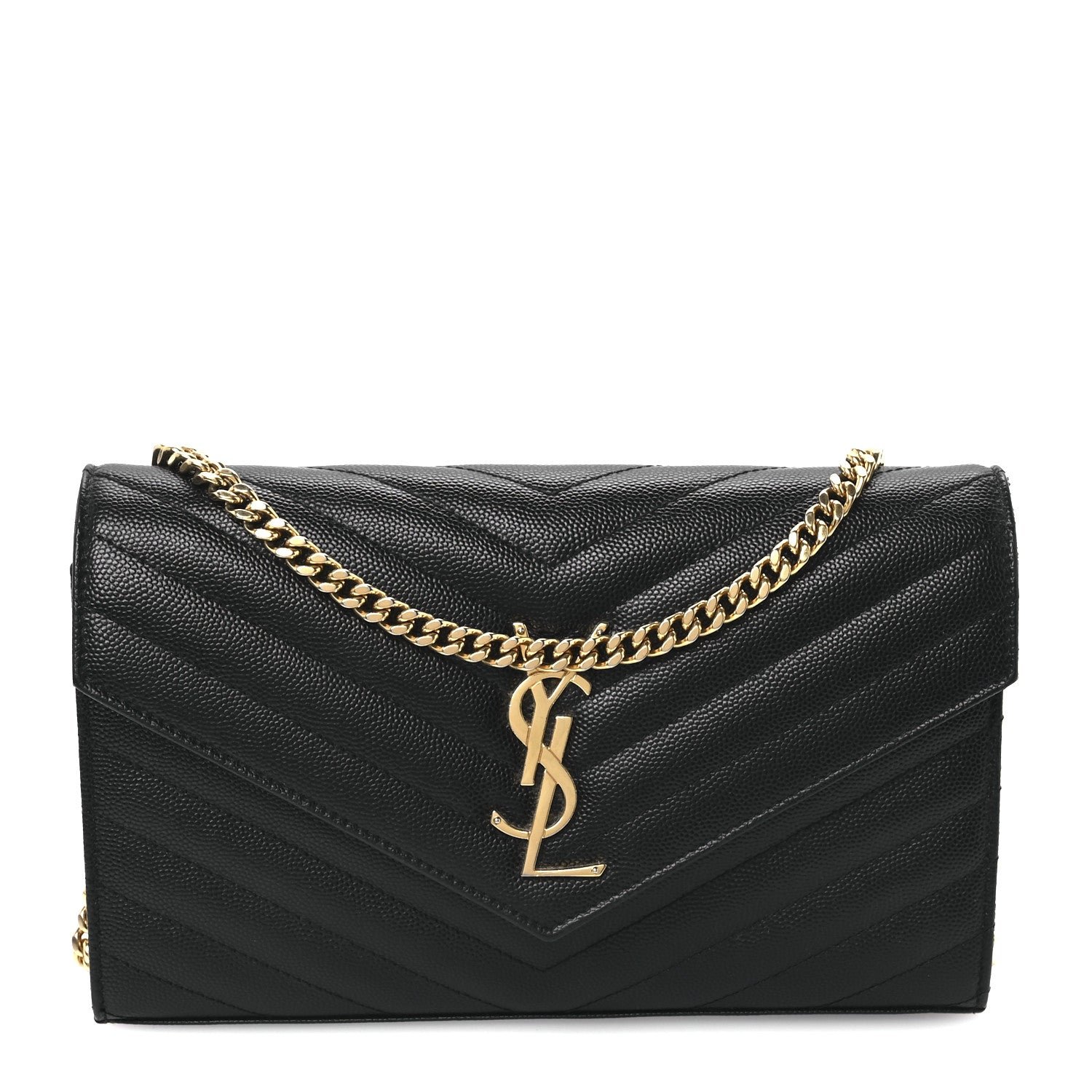 Saint Laurent Grain De Poudre Matelasse Chevron Monogram Chain Wallet Black