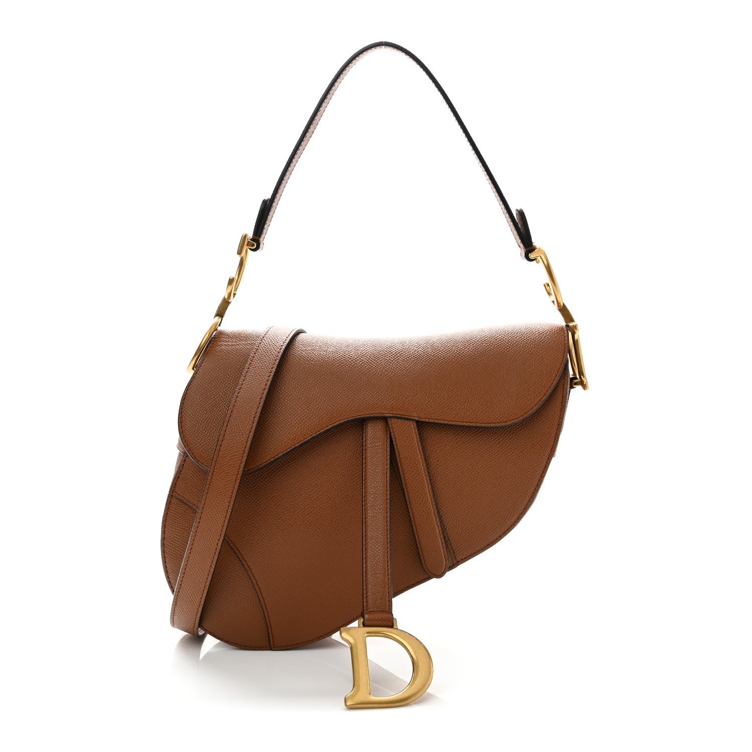 Christian Dior Grained Calfskin Saddle Bag With Strap Golden Saddle